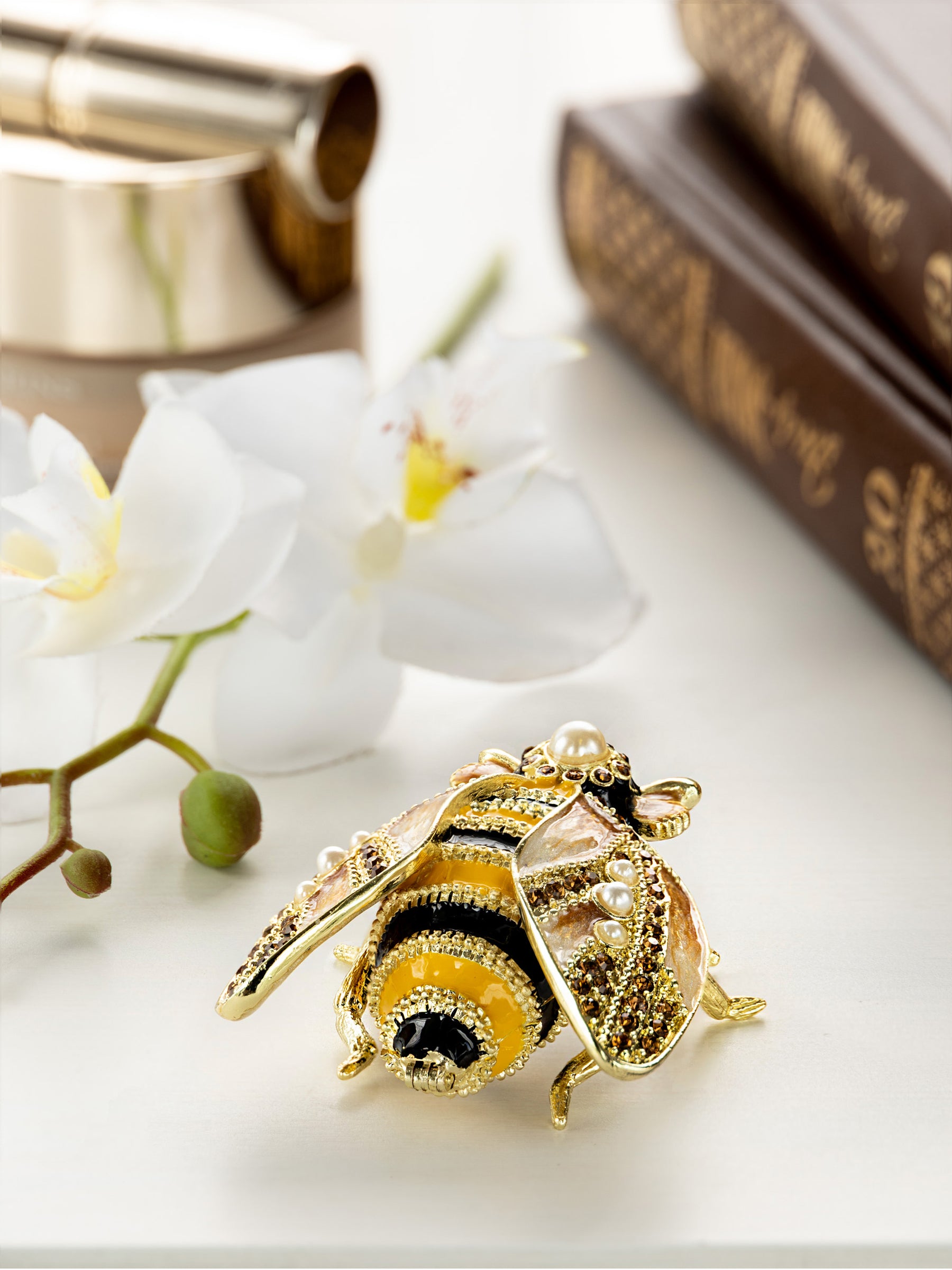 Keren Kopal Gold & Black Enamel Honey Bee Queen Trinket Box