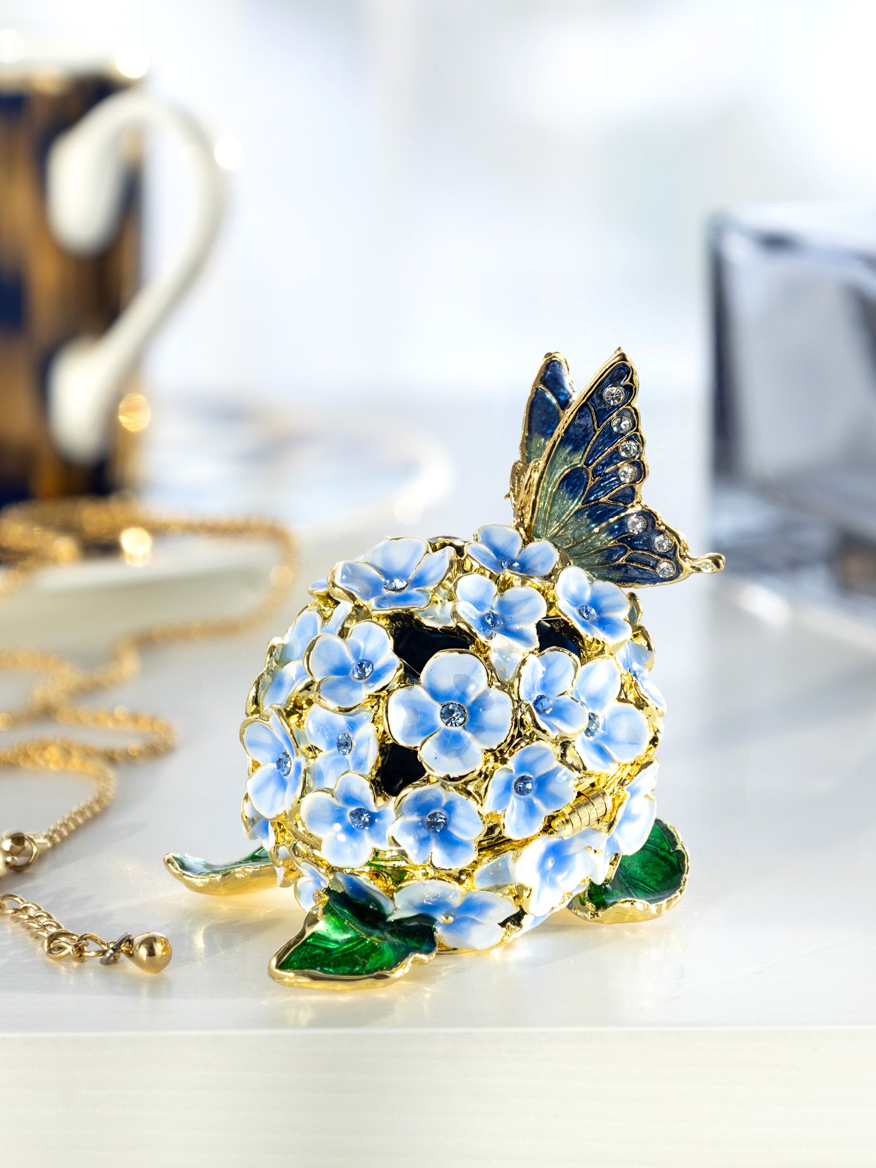 Keren Kopal Butterfly on Blue Flower Trinket Box