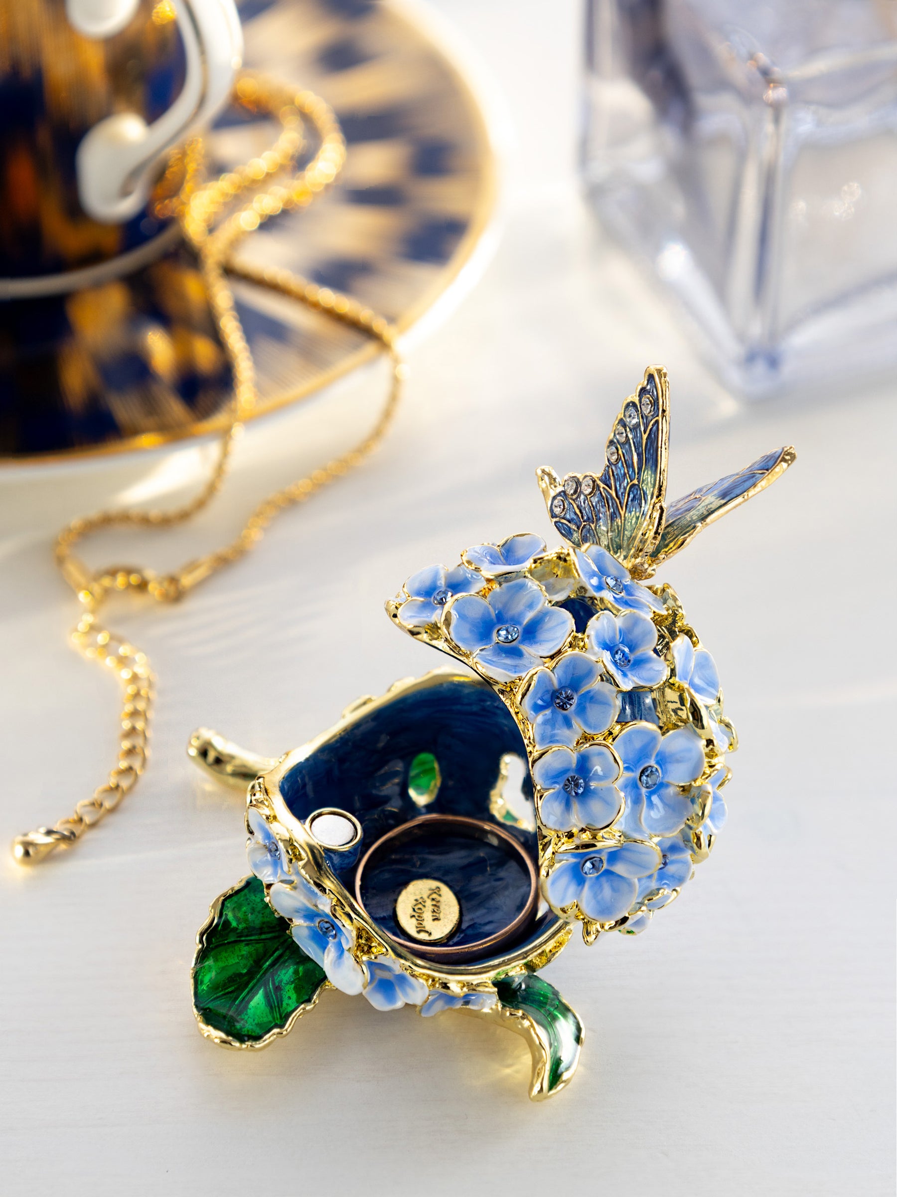 Keren Kopal Butterfly on Blue Flower Trinket Box