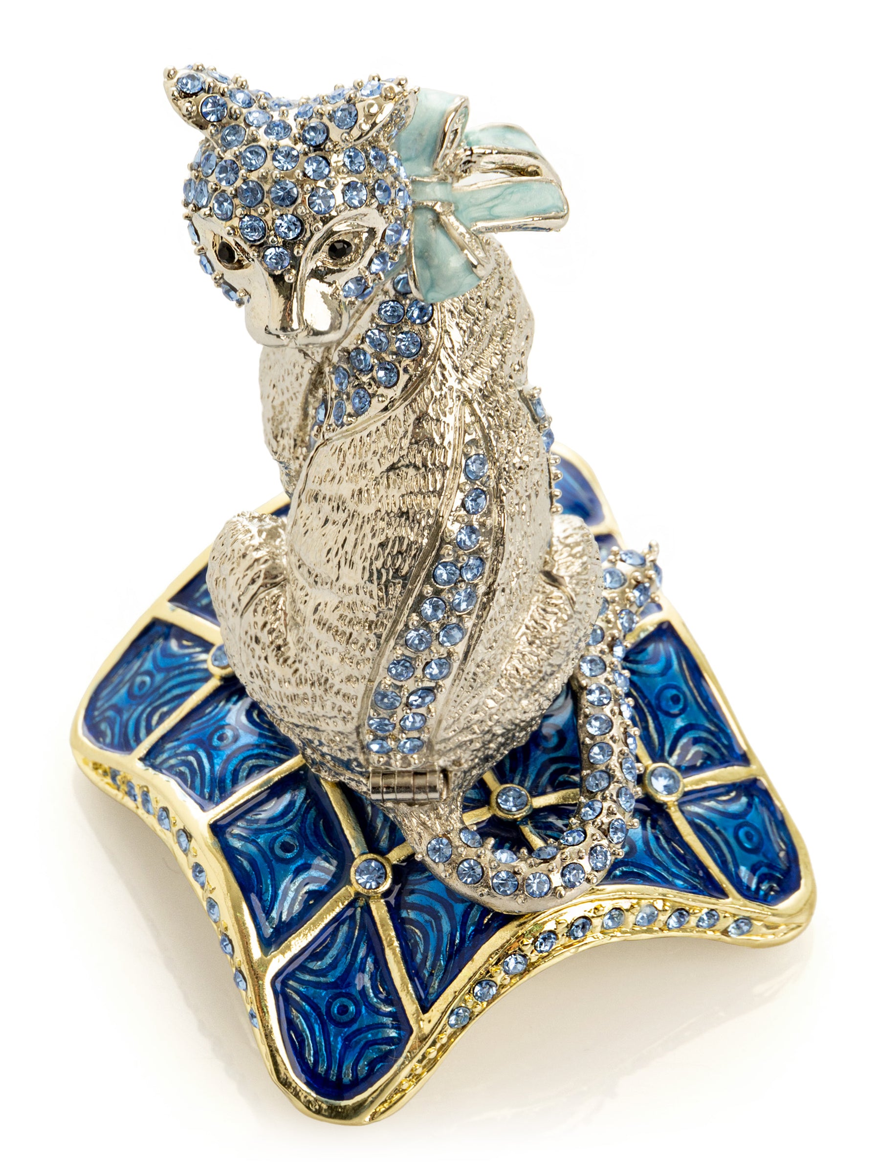 Keren Kopal Elegant Silver Cat Trinket Box with Blue Crystals