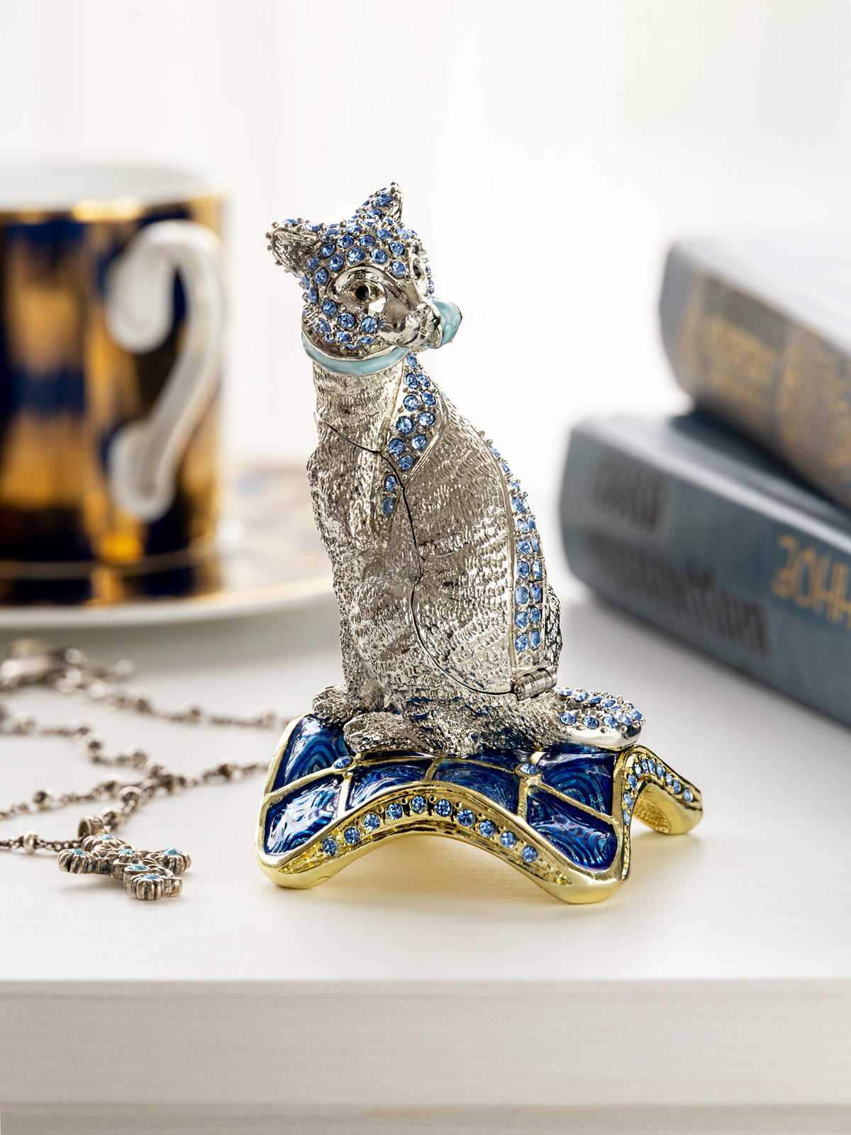 Keren Kopal Elegant Silver Cat Trinket Box with Blue Crystals