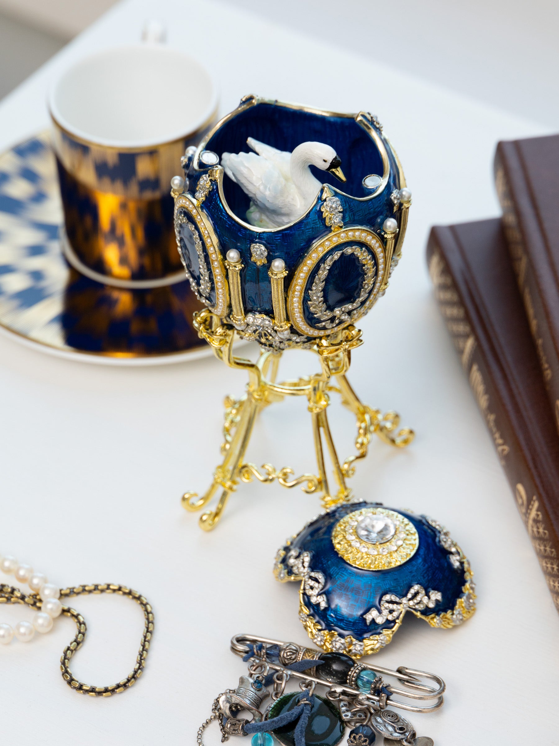 Keren Kopal Blue Faberge Egg with Swan Inside