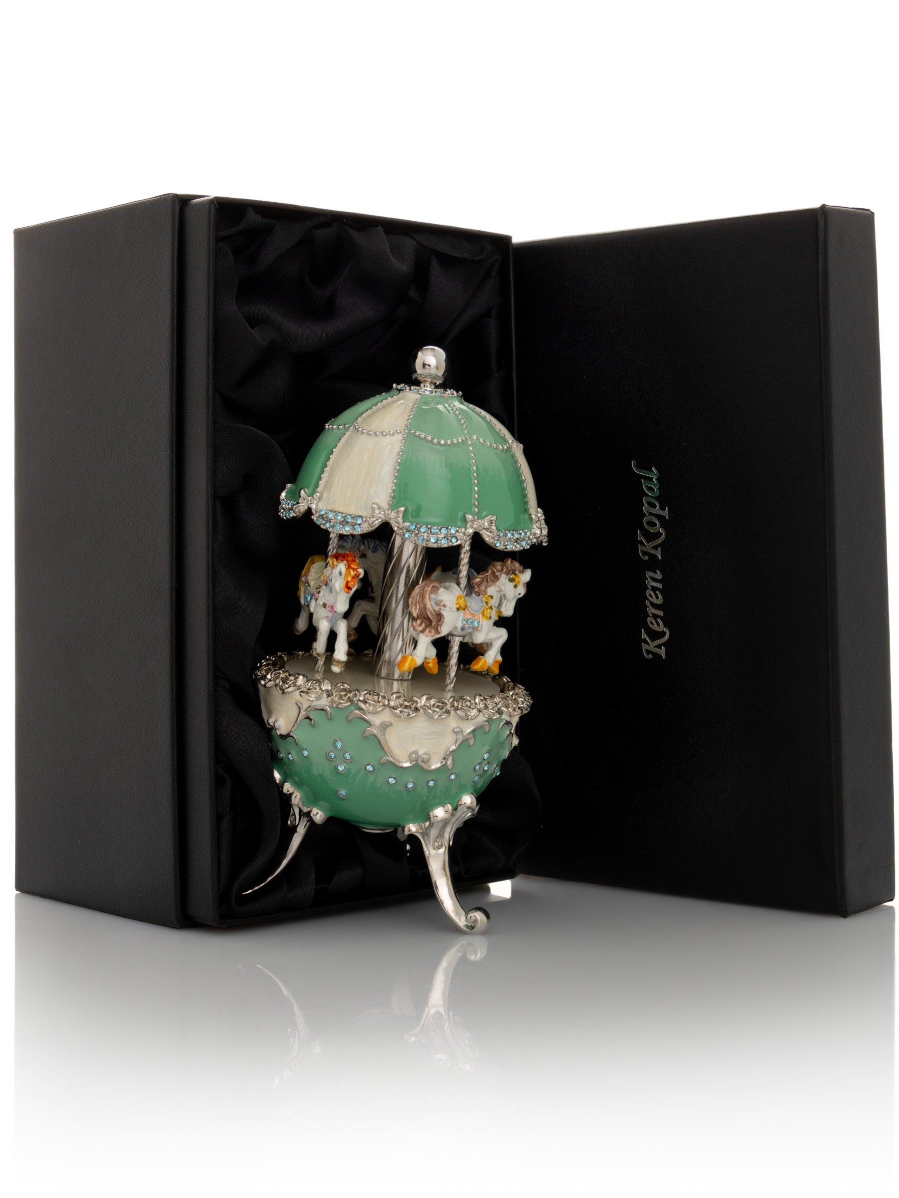 Keren Kopal Light Blue Carousel Faberge Egg with White Royal Horses