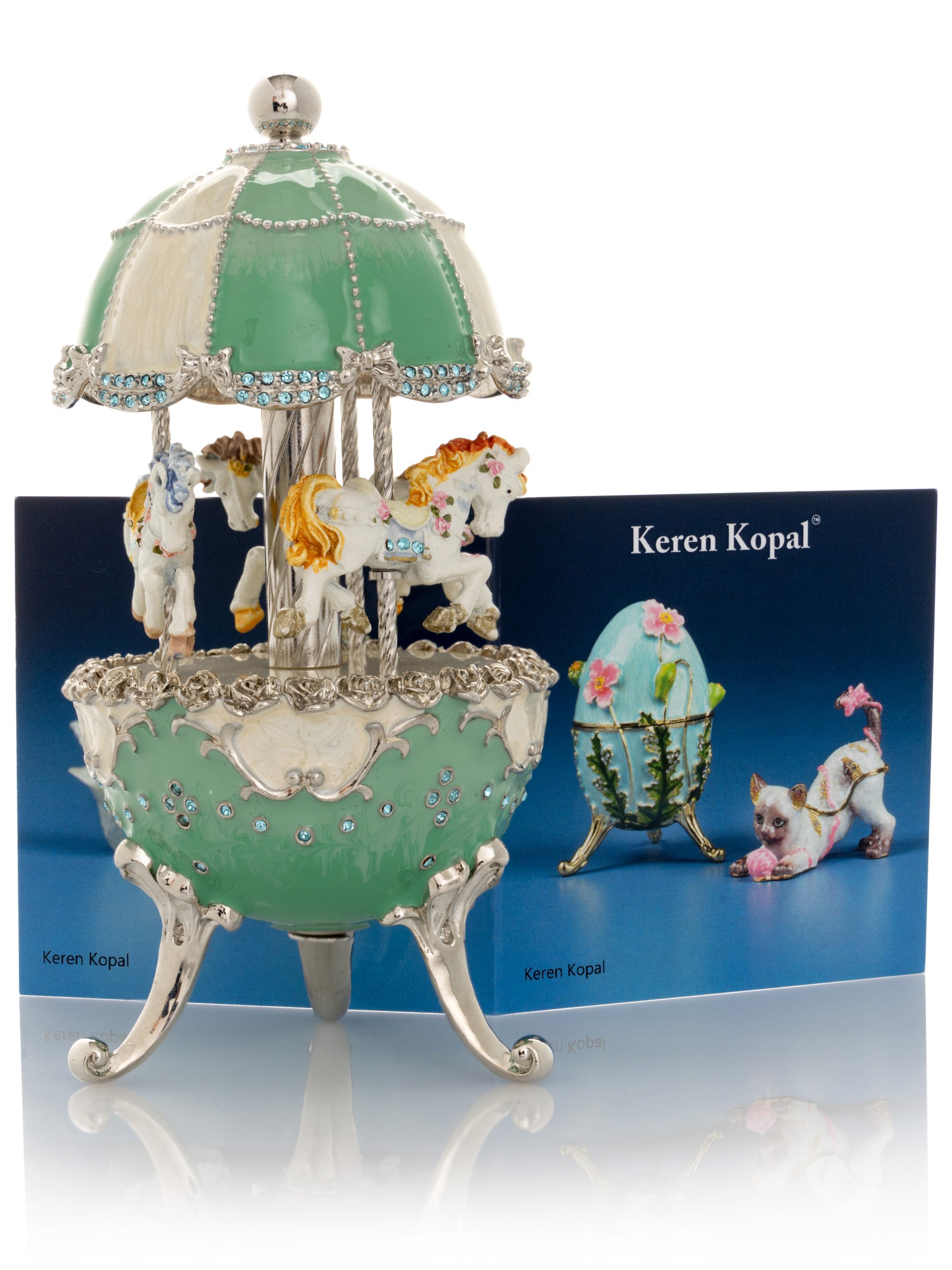 Keren Kopal Light Blue Carousel Faberge Egg with White Royal Horses