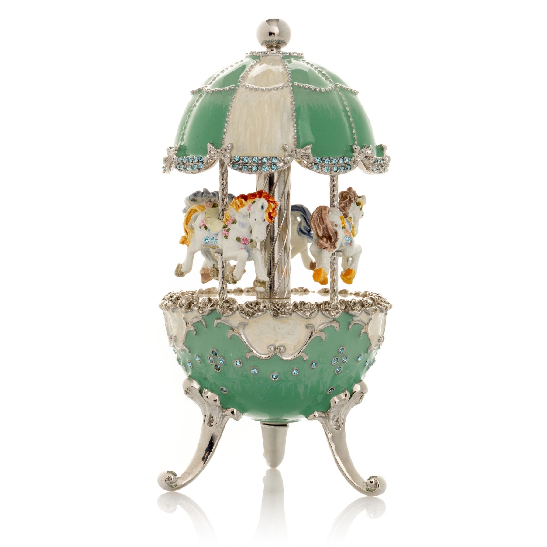Keren Kopal Light Blue Carousel Faberge Egg with White Royal Horses