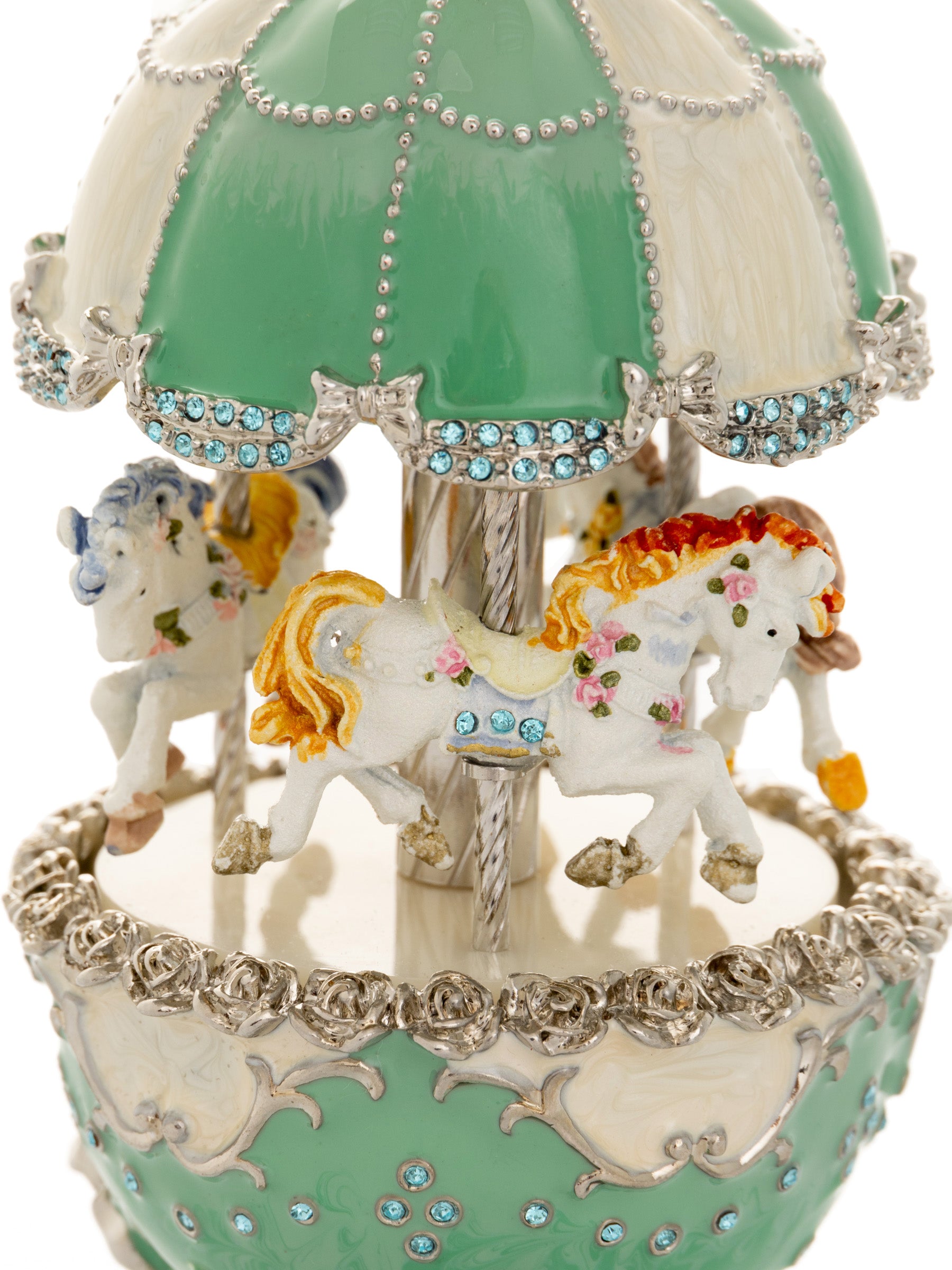 Keren Kopal Light Blue Carousel Faberge Egg with White Royal Horses