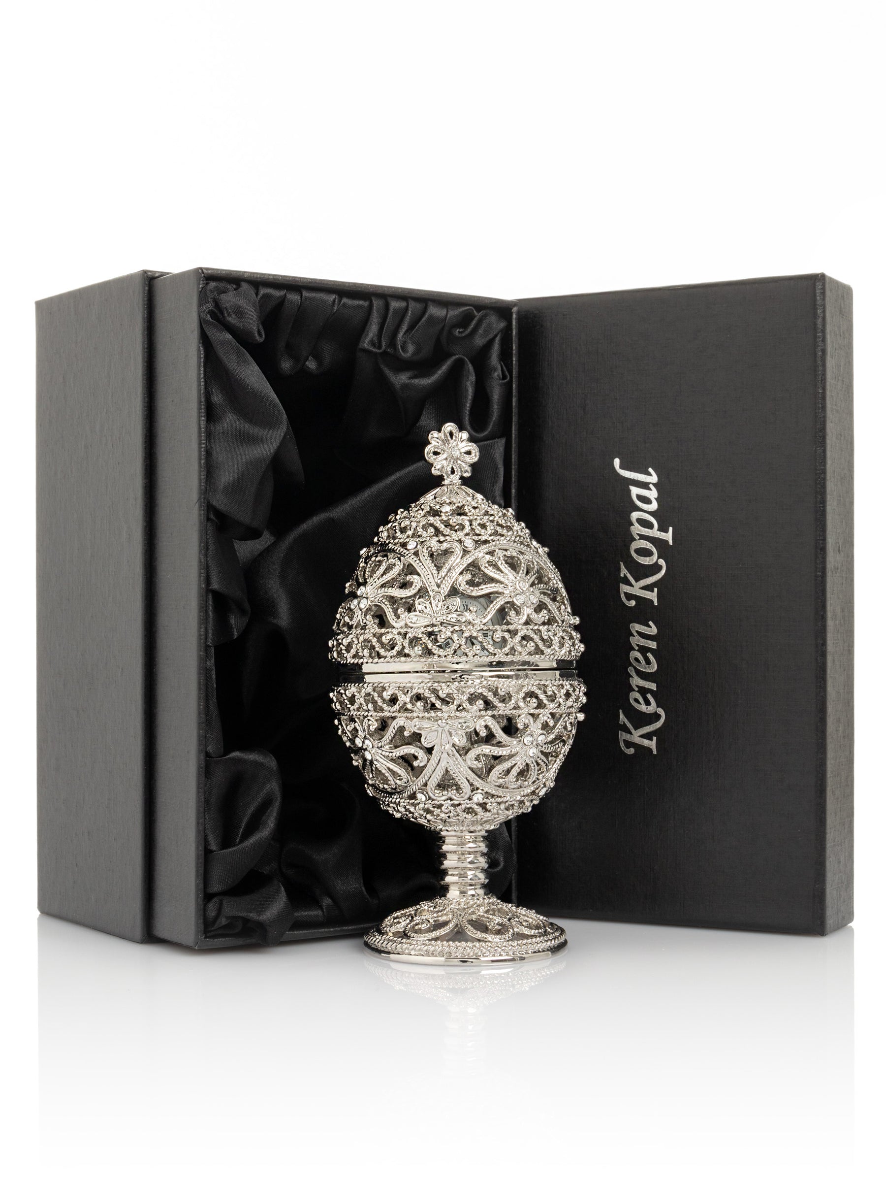 Keren Kopal Silver Faberge Egg with Clock Inside