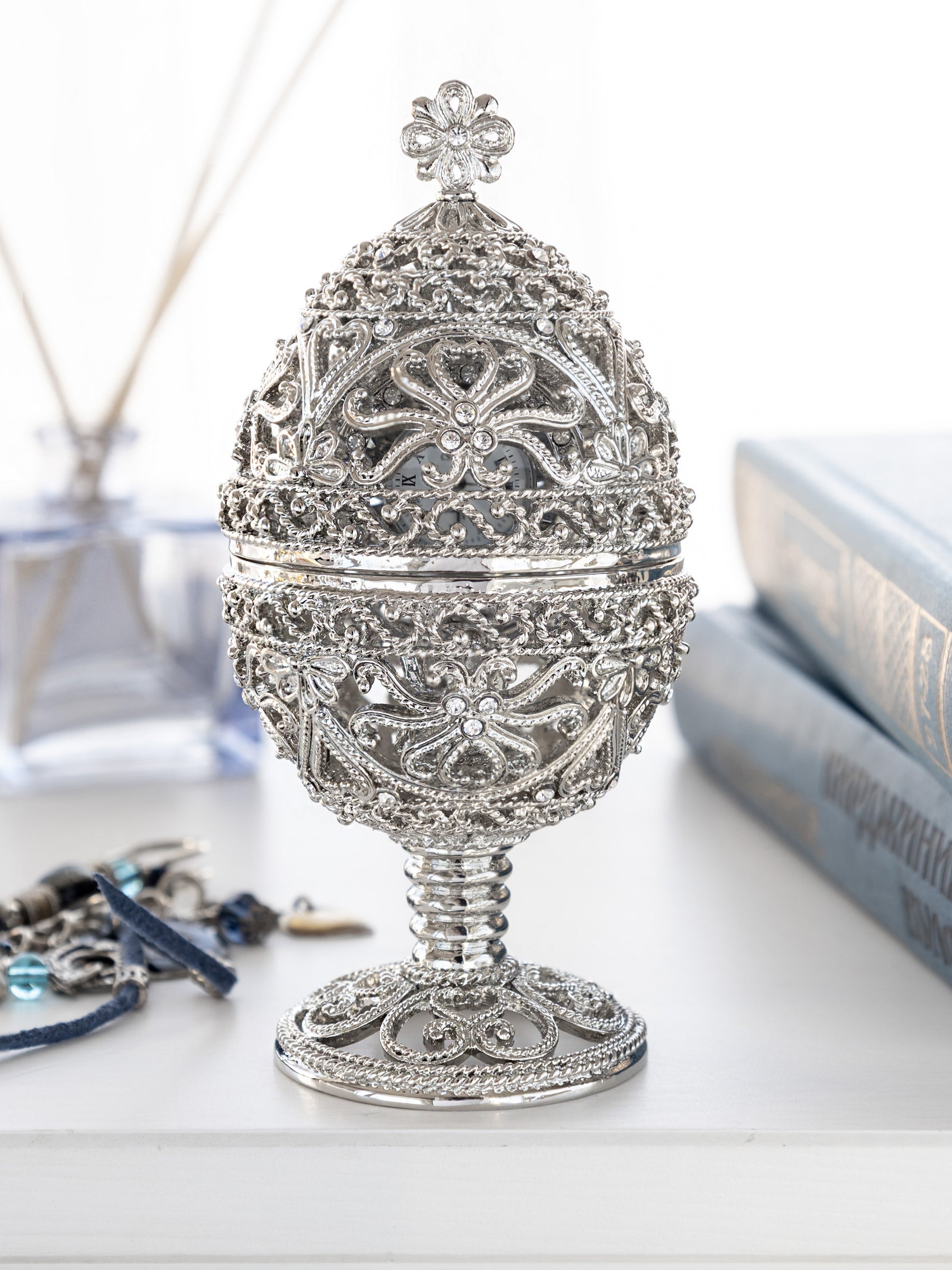 Keren Kopal Silver Faberge Egg with Clock Inside