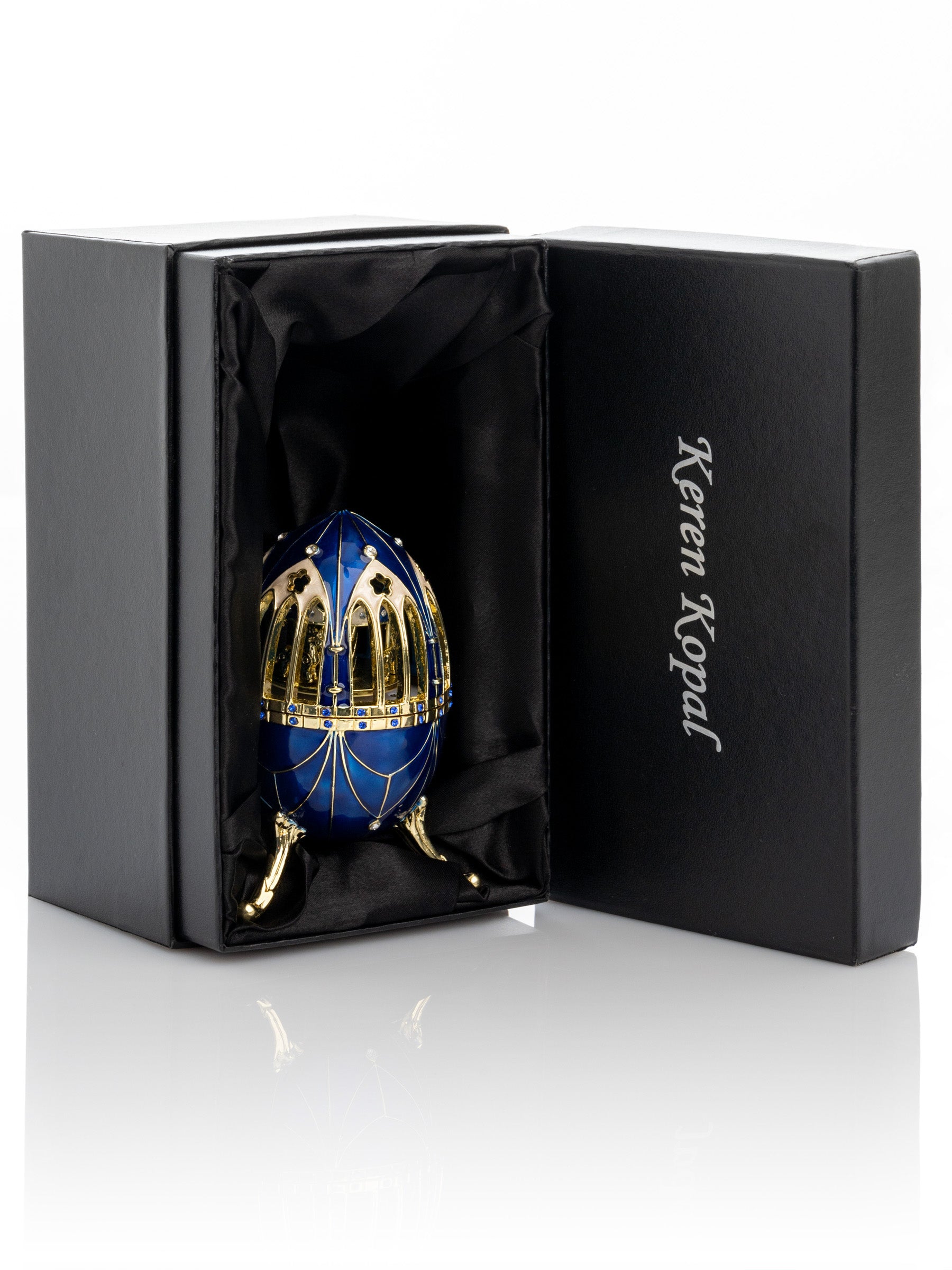 Keren Kopal Blue and Gold Faberge Egg with Horse Carousel Surprise Inside