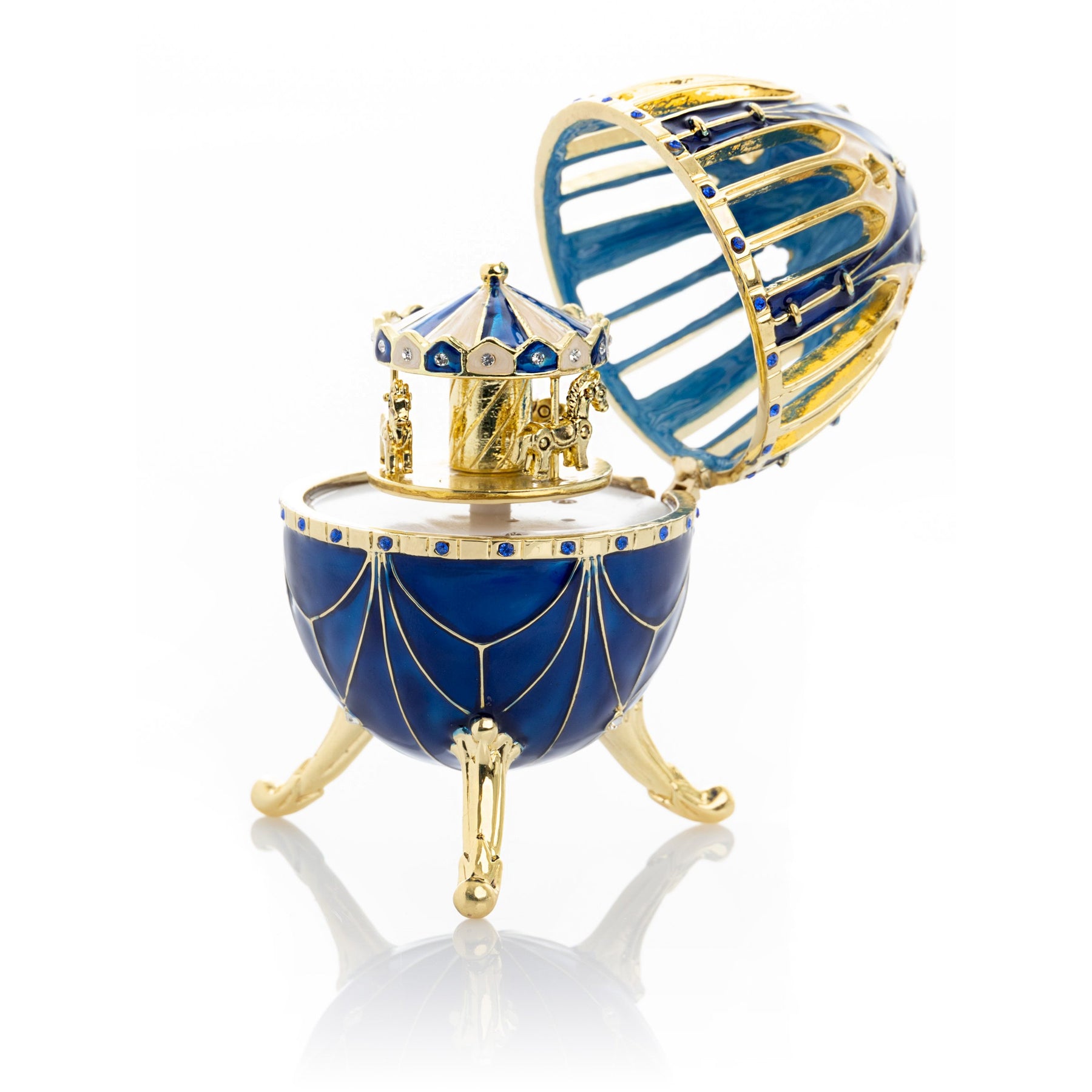 Keren Kopal Blue and Gold Faberge Egg with Horse Carousel Surprise Inside