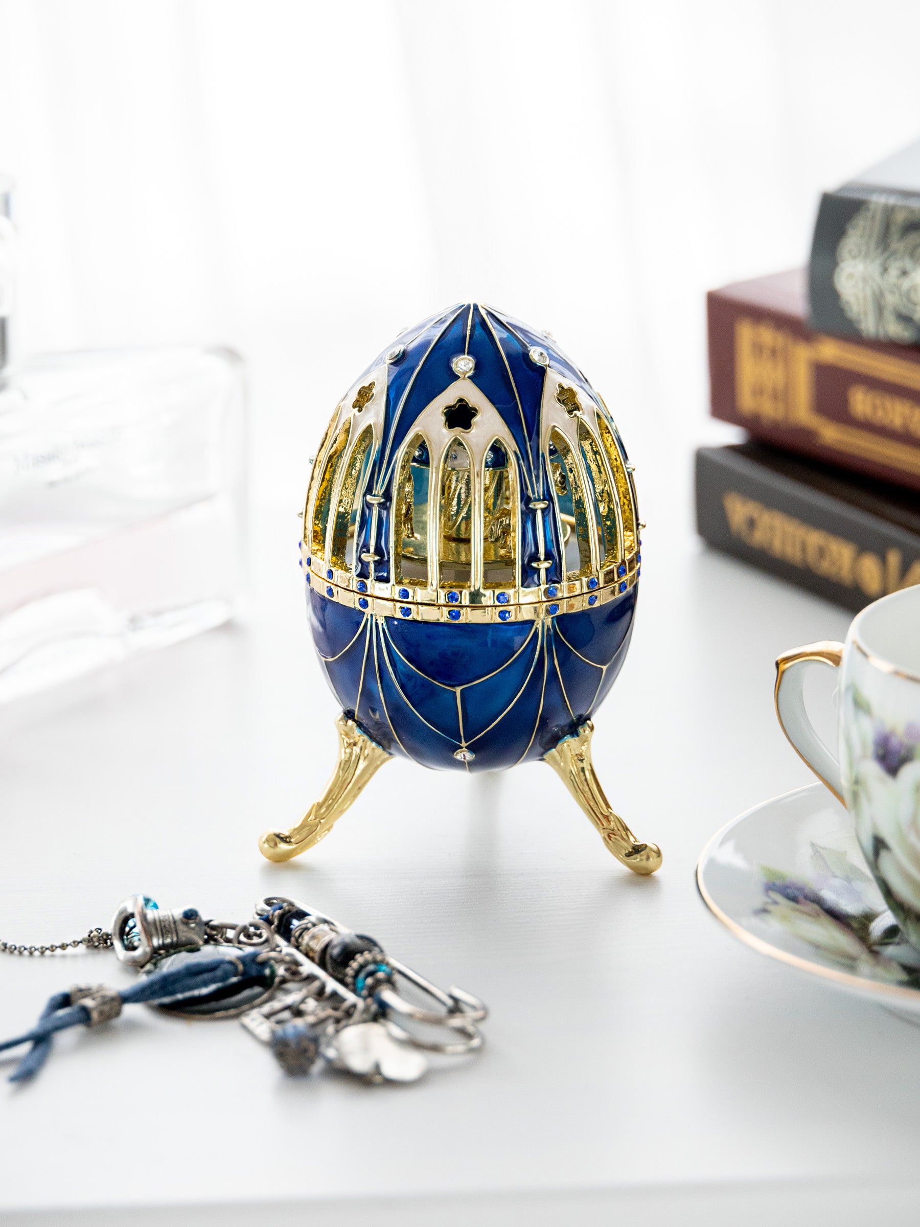 Keren Kopal Blue and Gold Faberge Egg with Horse Carousel Surprise Inside