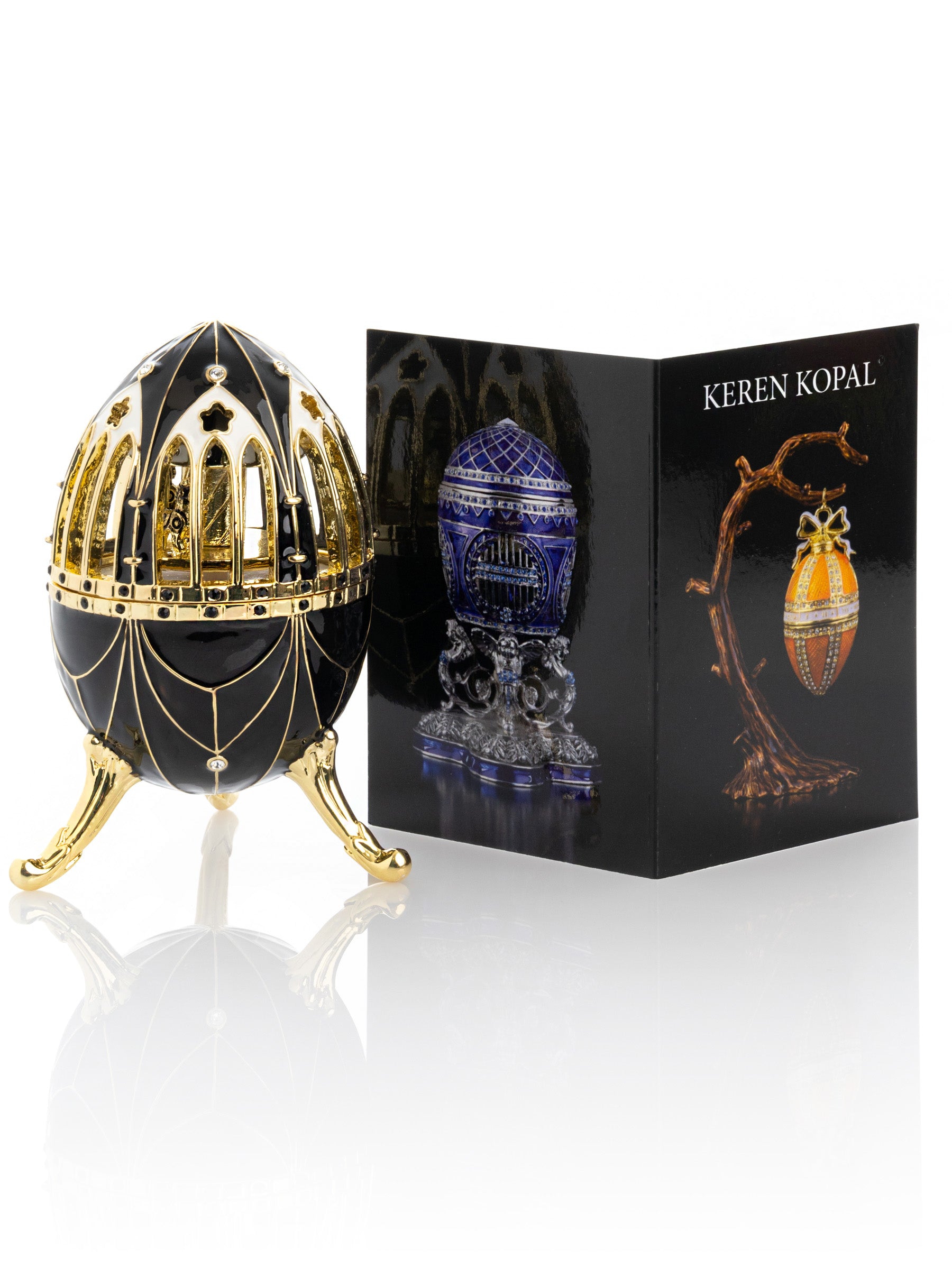 Keren Kopal Black and Gold Faberge Egg with Horse Carousel Surprise Inside