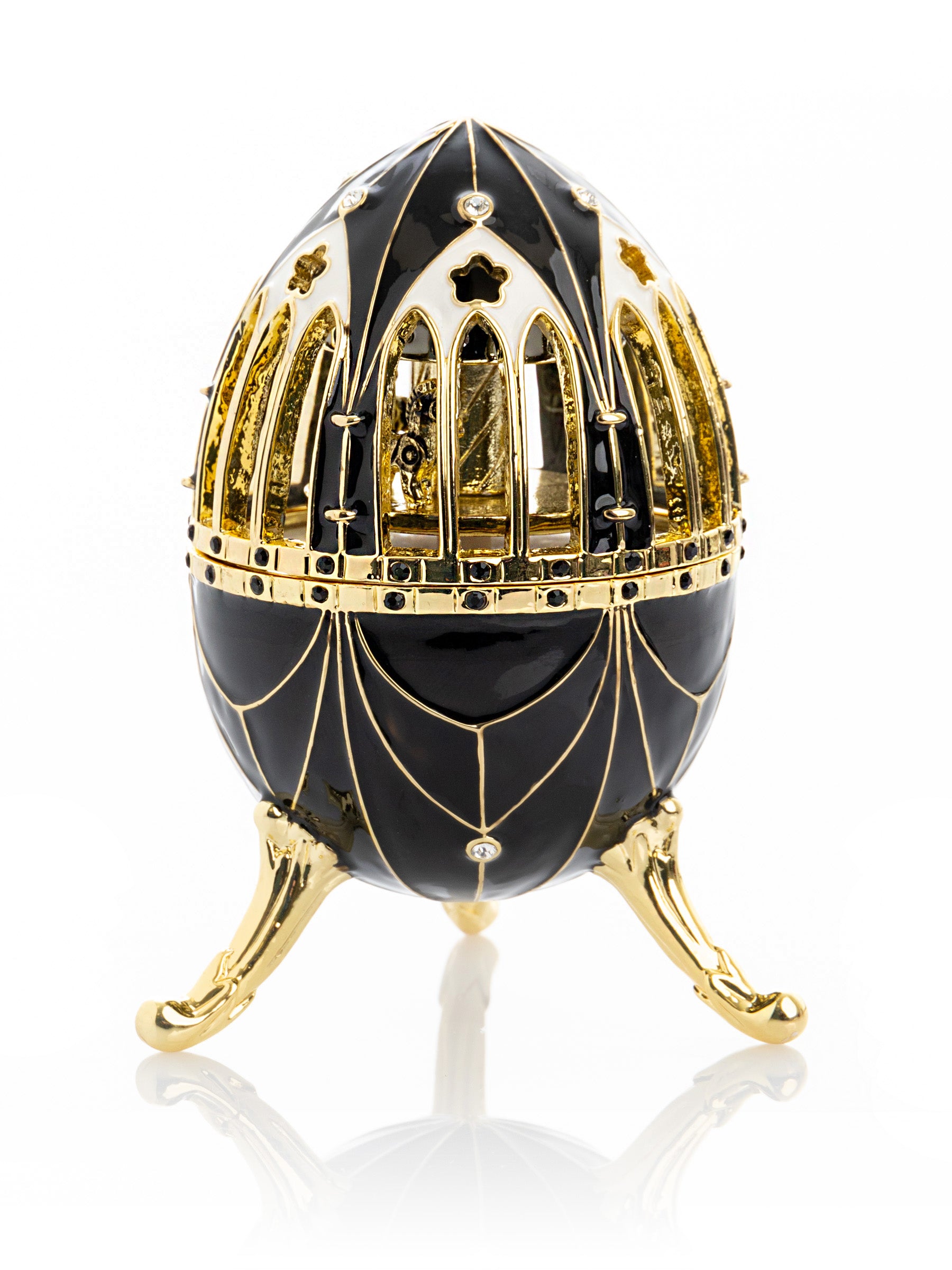Keren Kopal Black and Gold Faberge Egg with Horse Carousel Surprise Inside