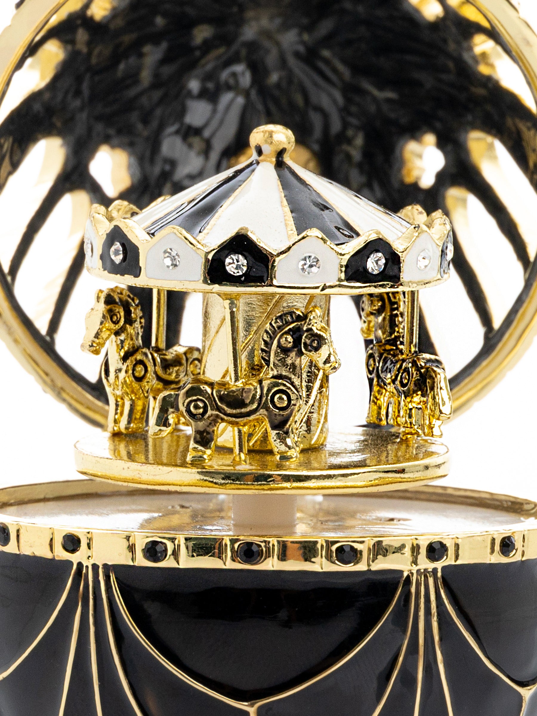 Keren Kopal Black and Gold Faberge Egg with Horse Carousel Surprise Inside