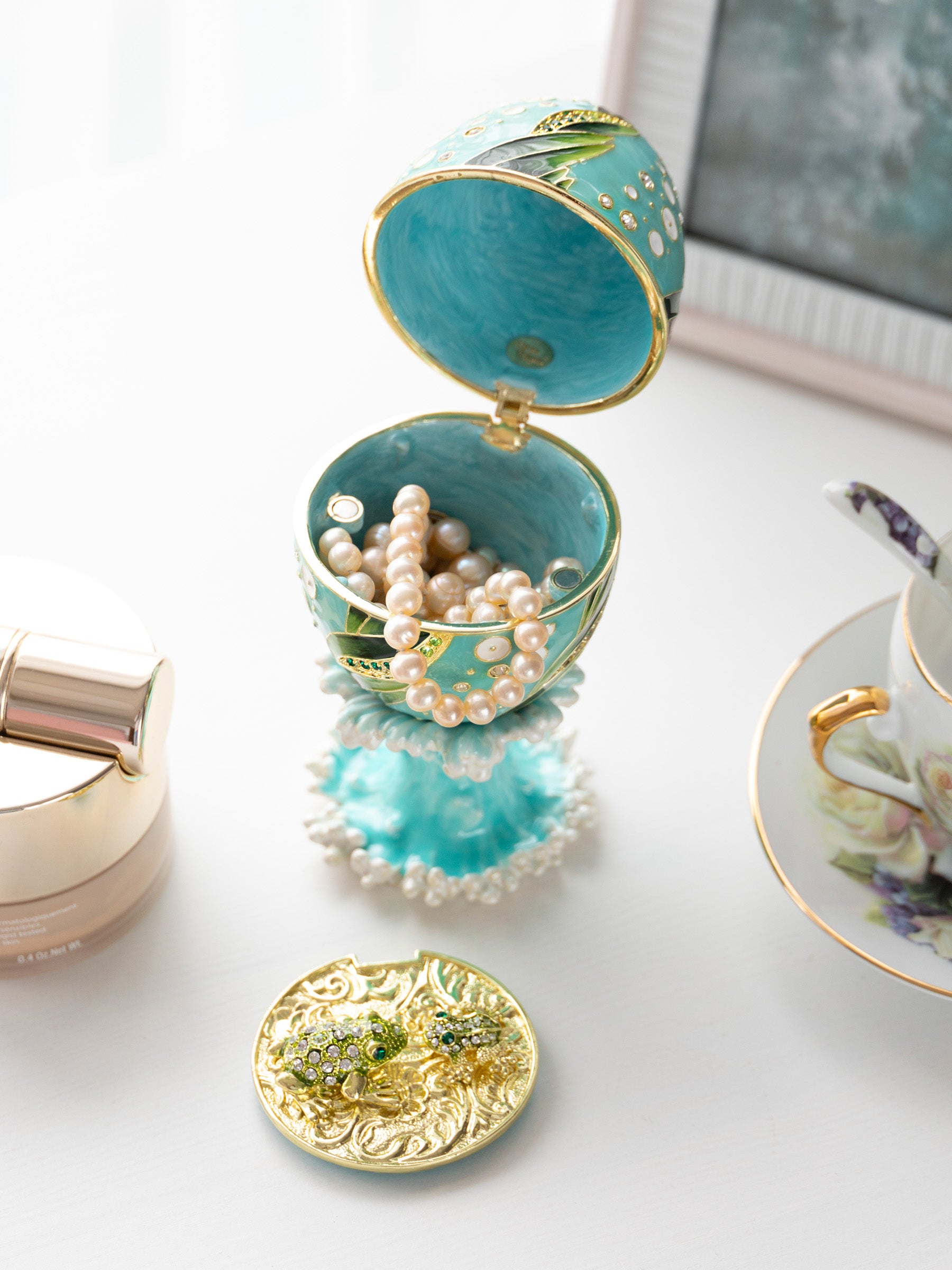Keren Kopal Turquoise Faberge Egg with 2 Frogs Surprise Inside