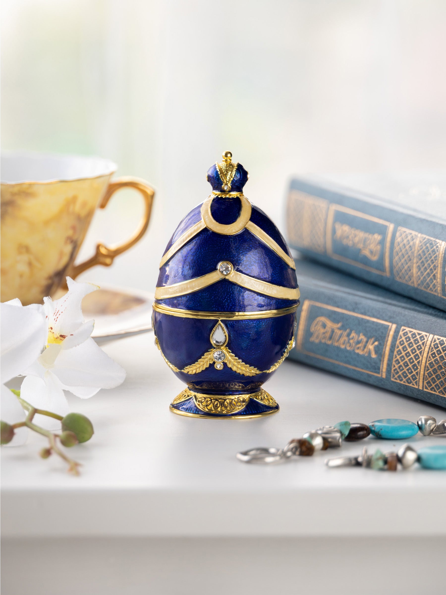 Keren Kopal Blue Faberge Egg with Golden Piano Surprise