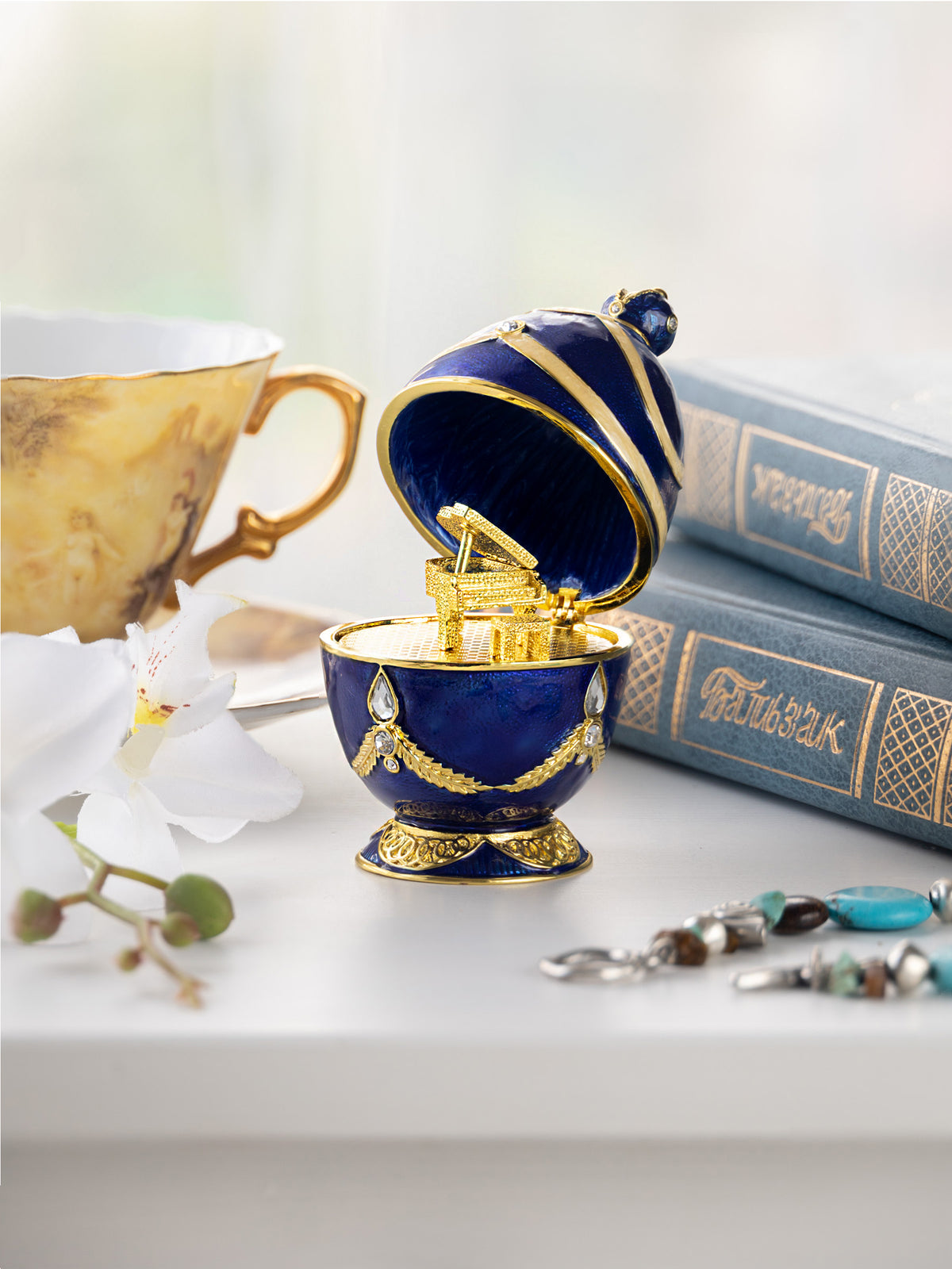 Keren Kopal Blue Faberge Egg with Golden Piano Surprise