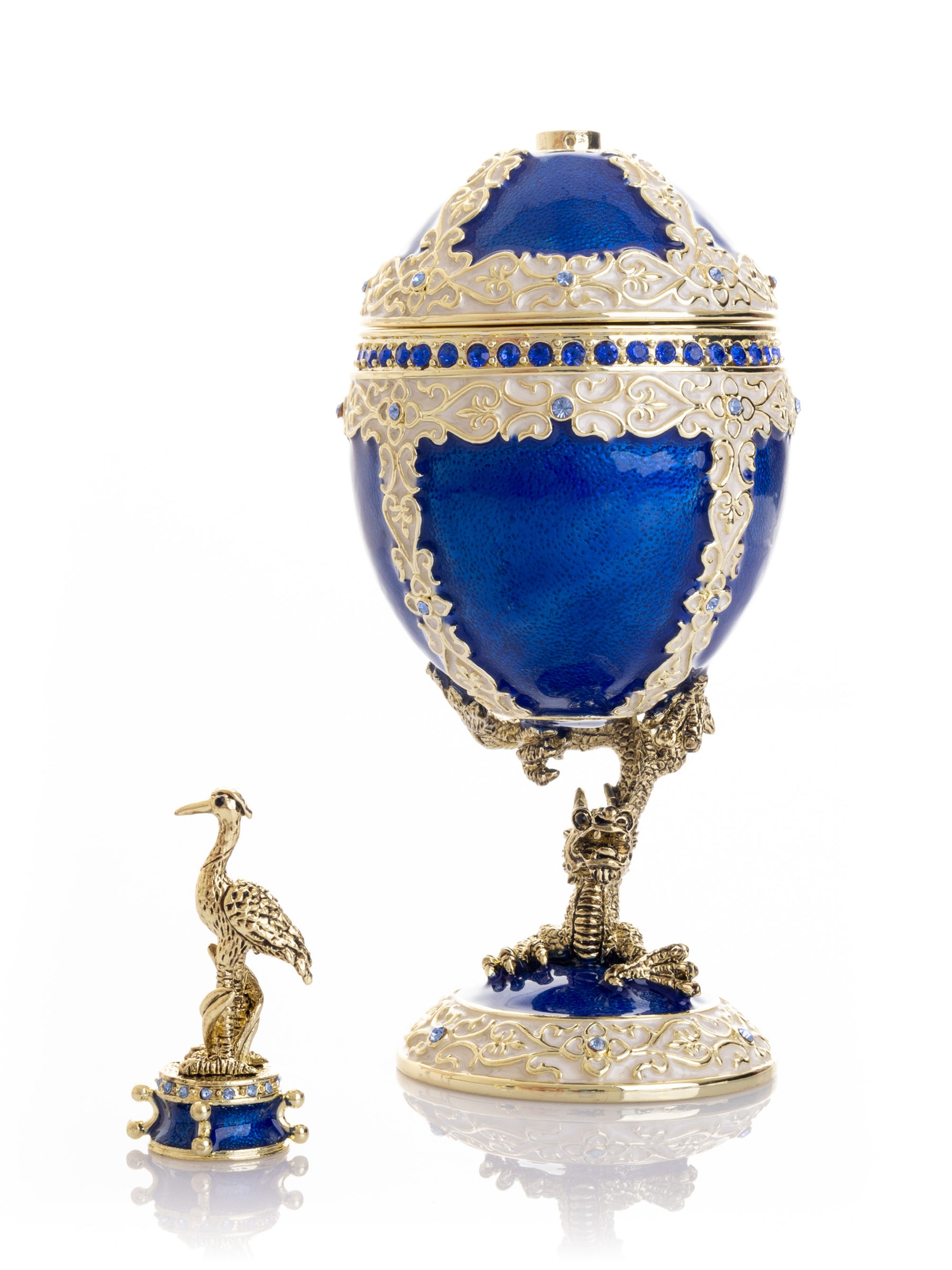 Keren Kopal Luxurious Blue-Gold Egg with Clock with Dragon Pedestal and Bird Ornament