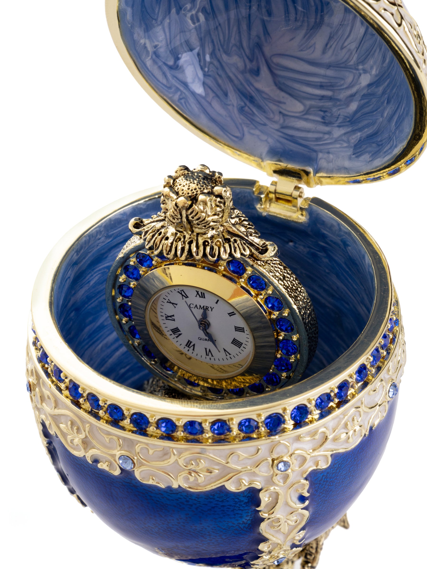 Keren Kopal Luxurious Blue-Gold Egg with Clock with Dragon Pedestal and Bird Ornament
