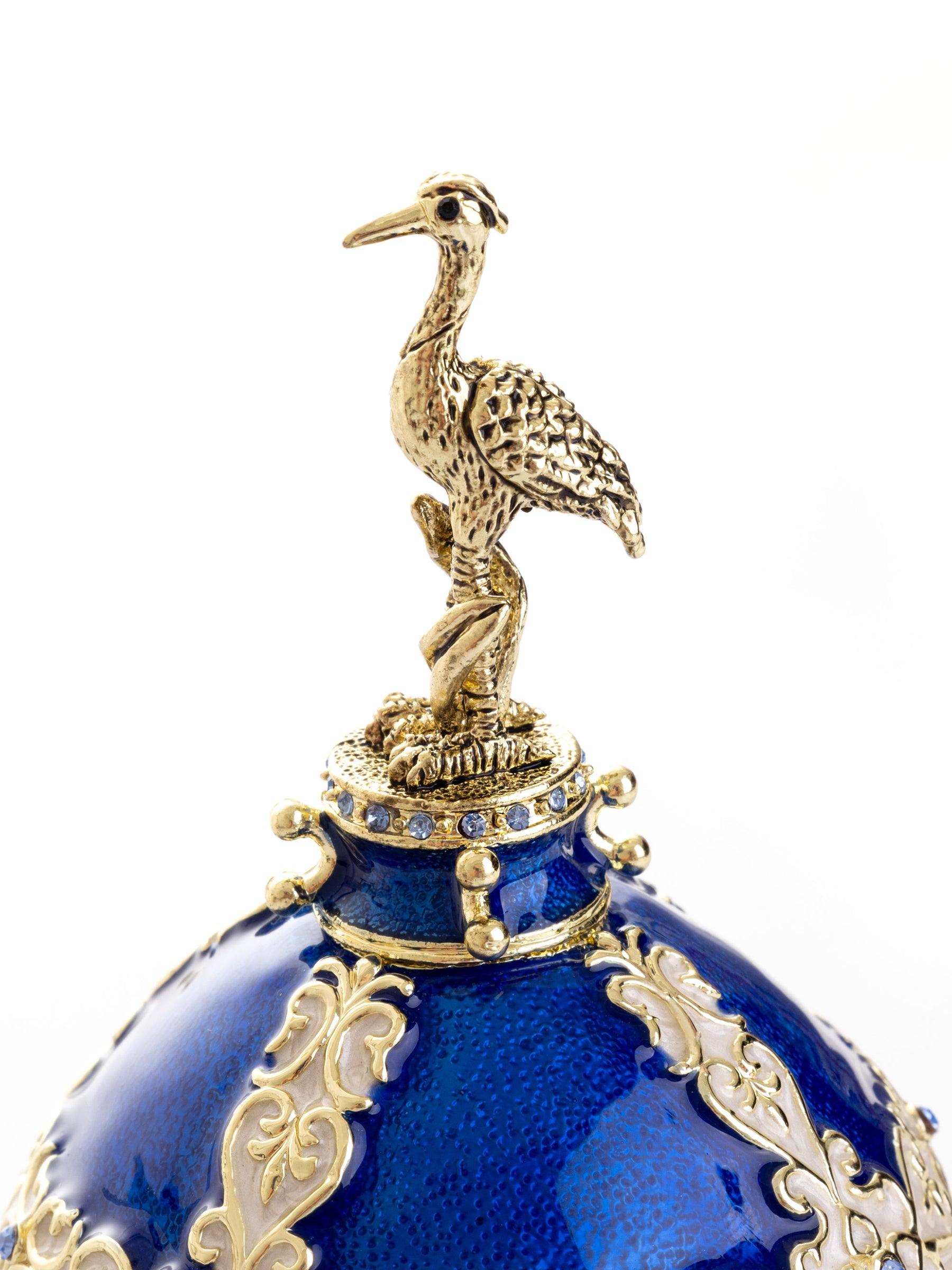 Keren Kopal Luxurious Blue-Gold Egg with Clock with Dragon Pedestal and Bird Ornament