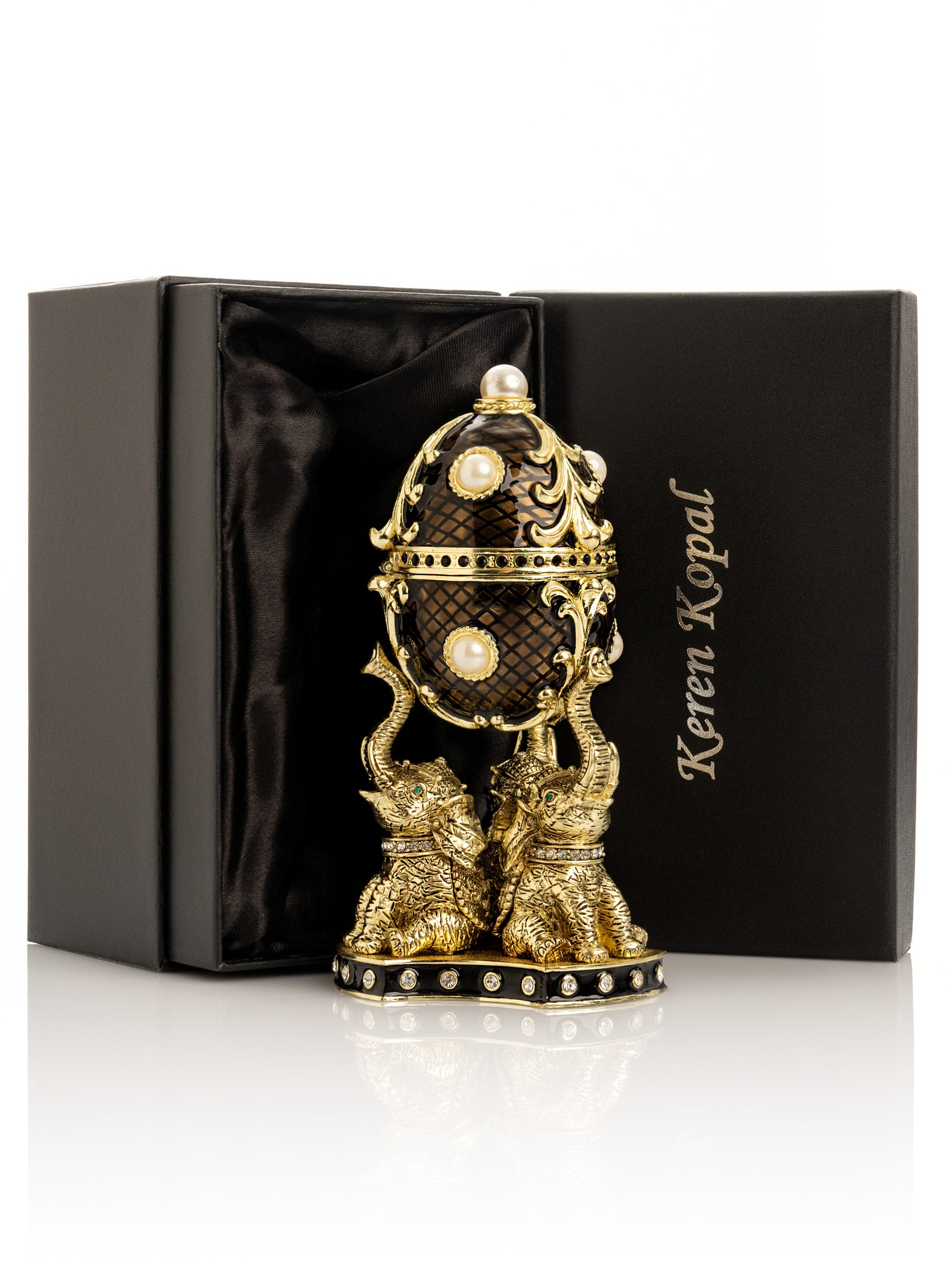 Keren Kopal Regal Brown and Gold Enamel Egg with Elephant Pedestal