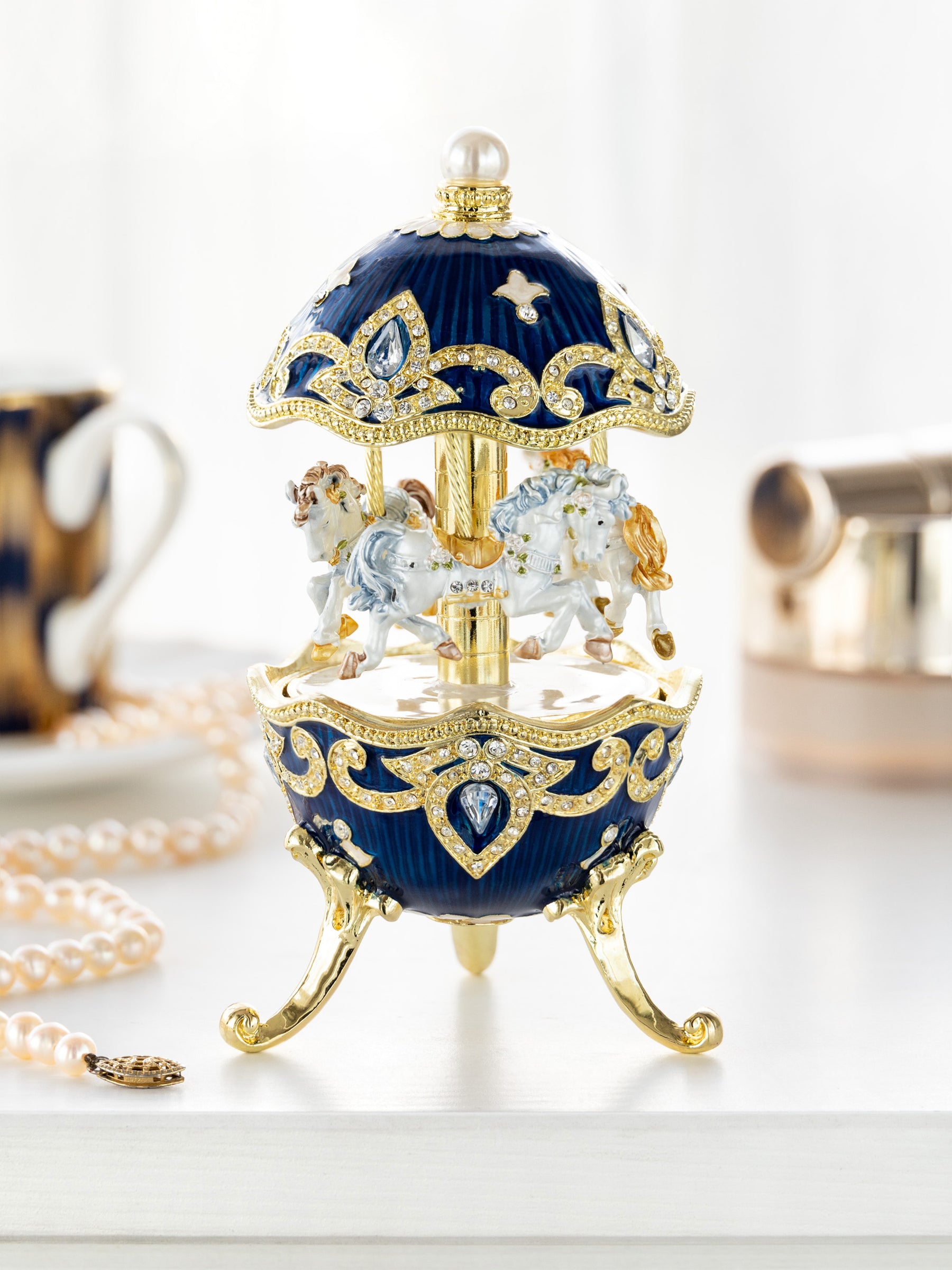 Keren Kopal Blue Wind up Horse Carousel Faberge Egg