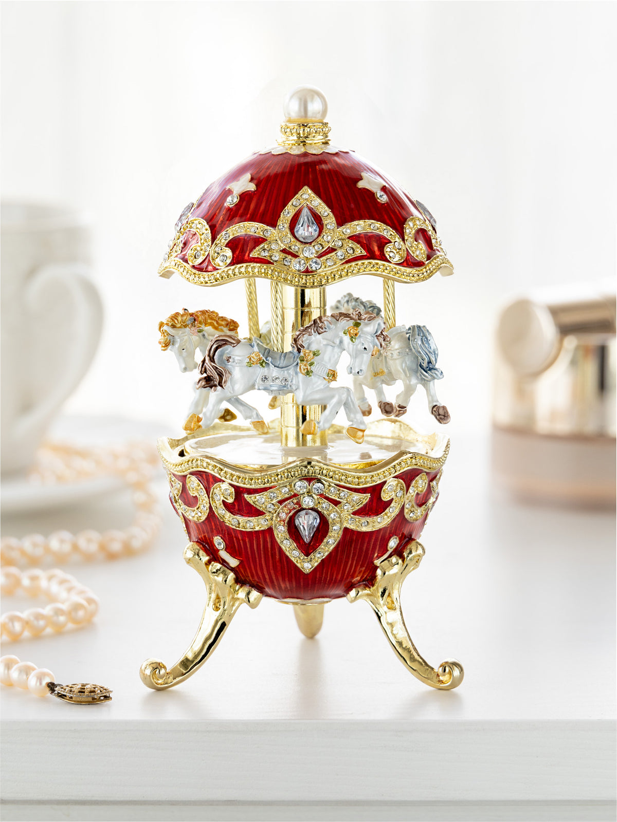 Keren Kopal Red Wind up Horse Carousel Faberge Style Egg