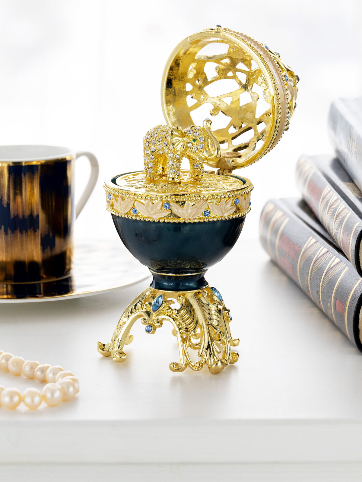 Keren Kopal Golden Blue Faberge Egg with a Golden Elephant