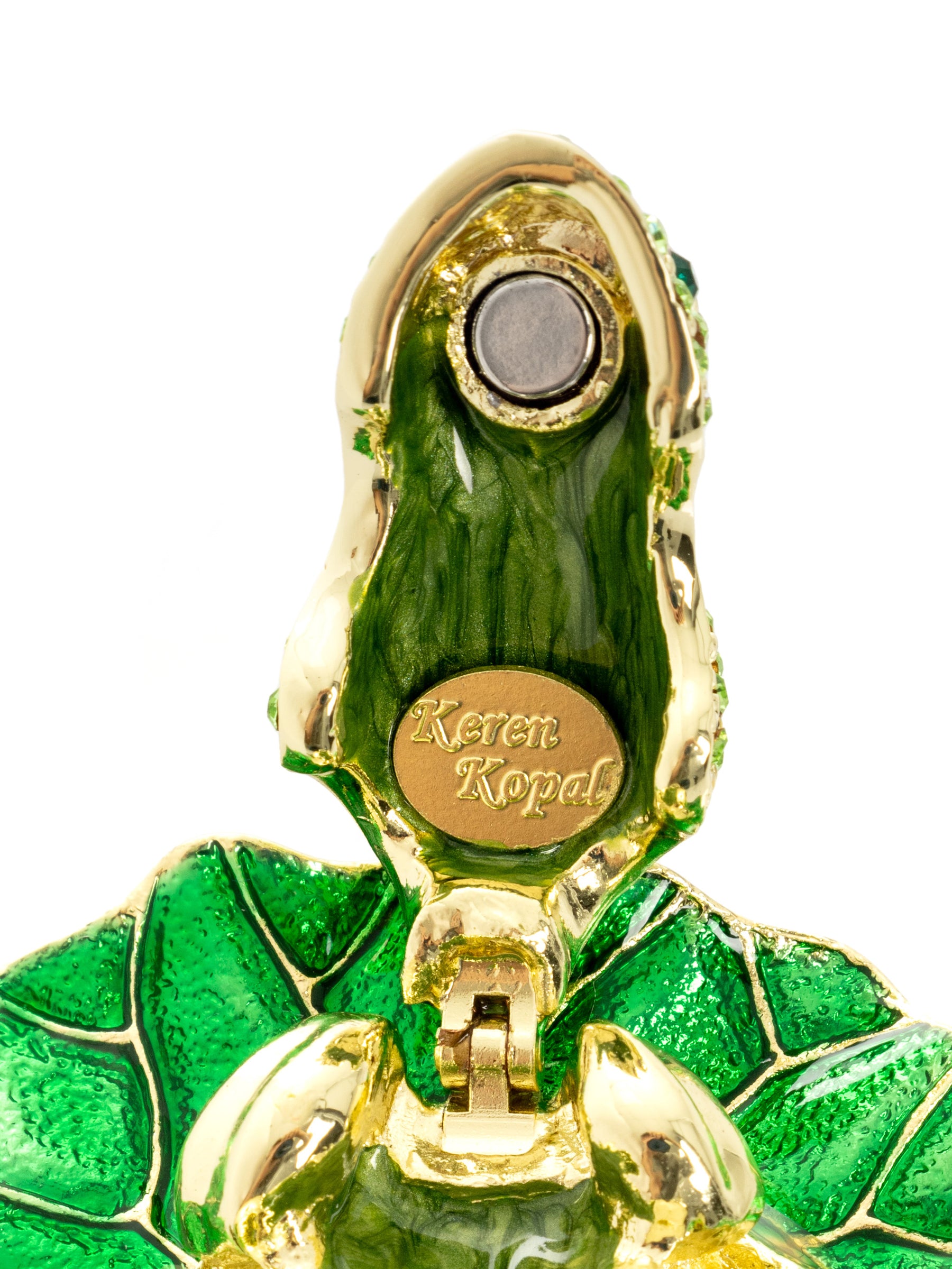 Keren Kopal Golden Frog on Green Leaf