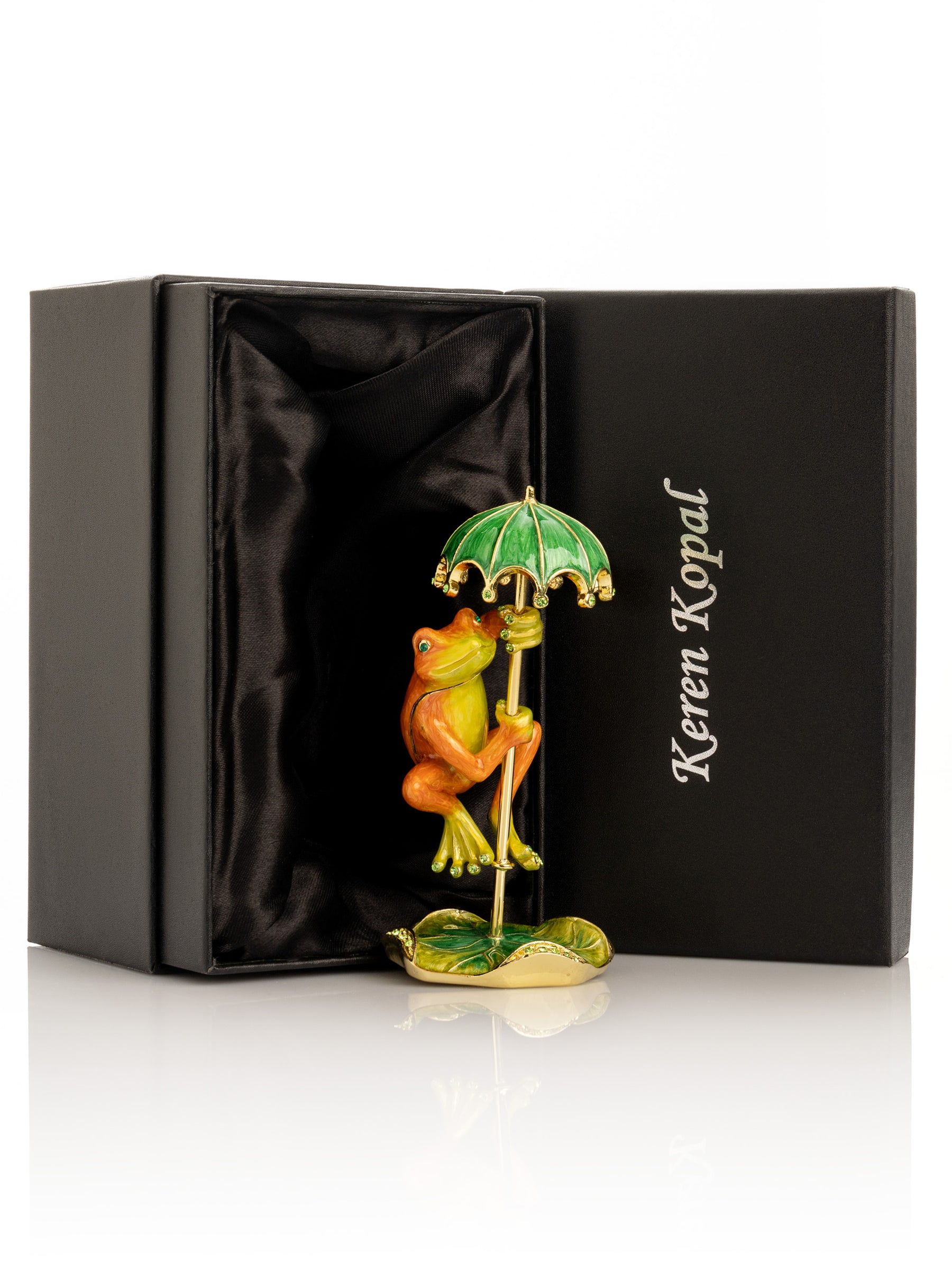 Keren Kopal Rainy Day Orange Frog with Umbrella Trinket Box