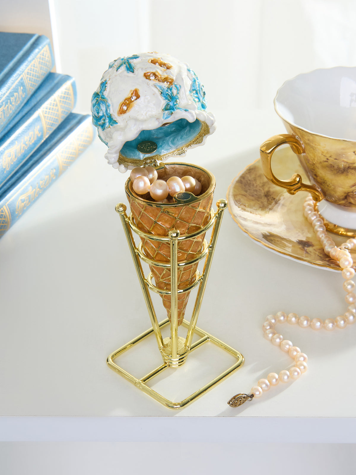 קופסת תכשיטים גביע גלידת ורד כחול צ'ינץ