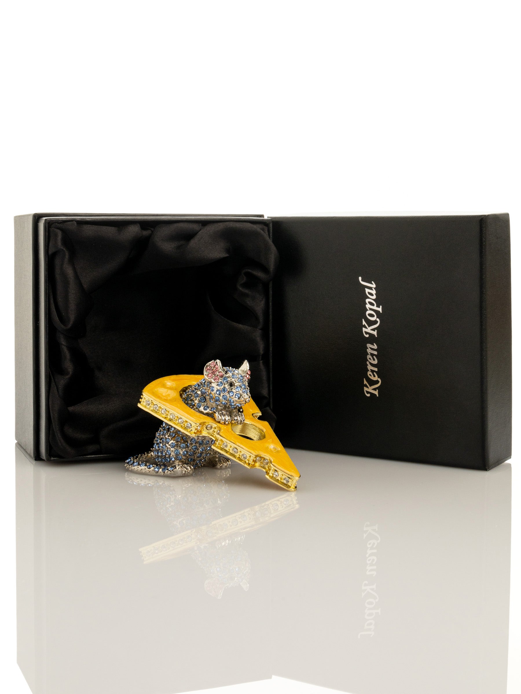 Keren Kopal Sparkling Mouse Peeking from Yellow Cheese Trinket Box