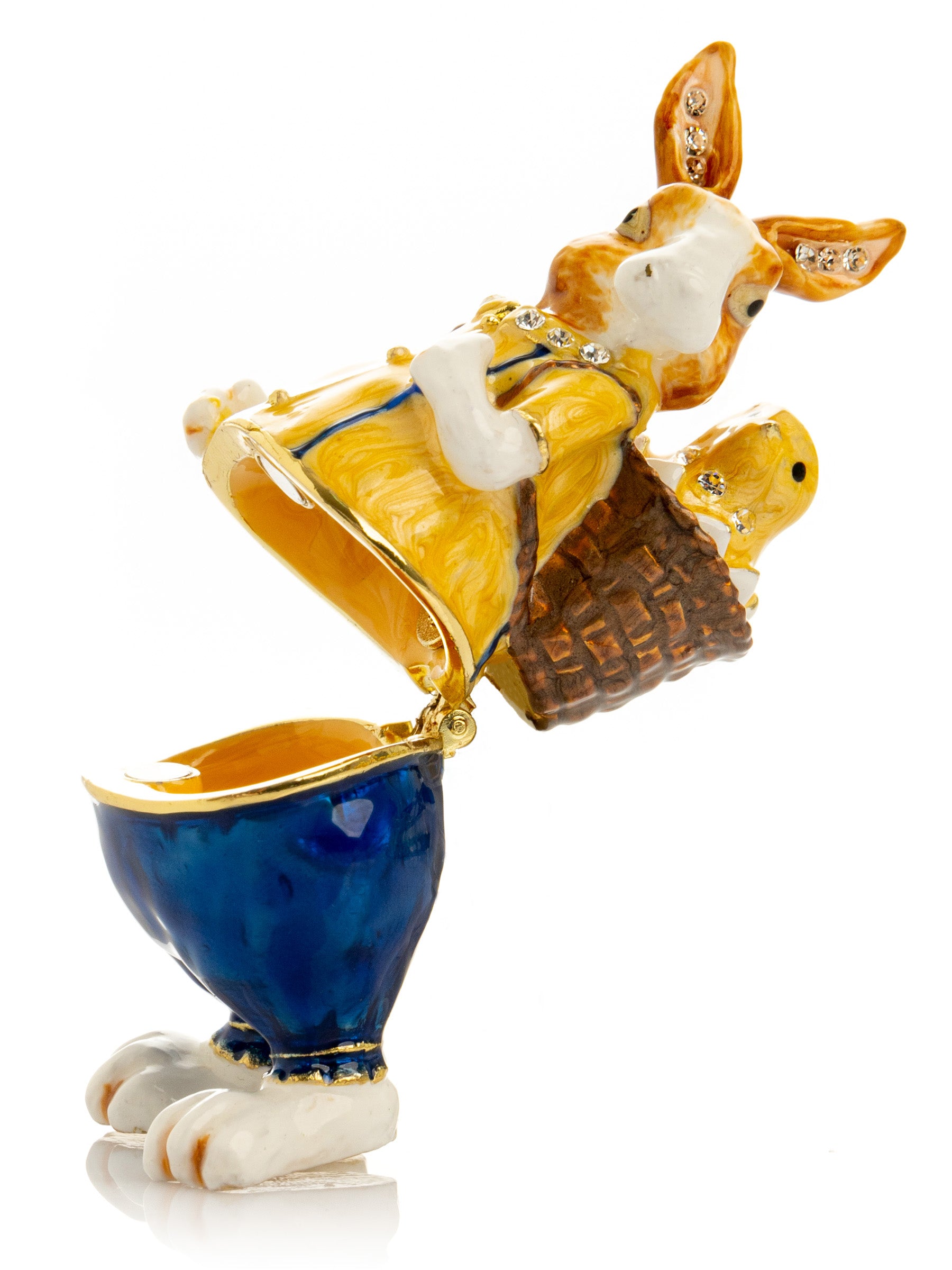 Keren Kopal Easter bunny carrying a baby chick on a basket