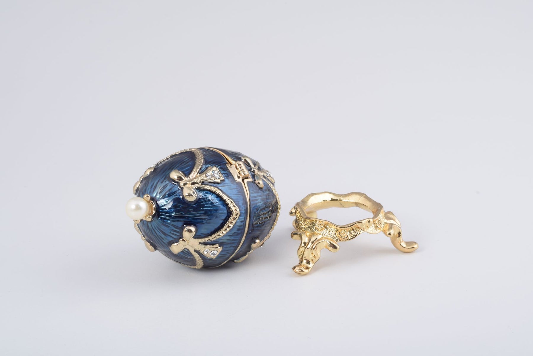 Keren Kopal Blue & Gold Faberge Egg with a Perl on Top