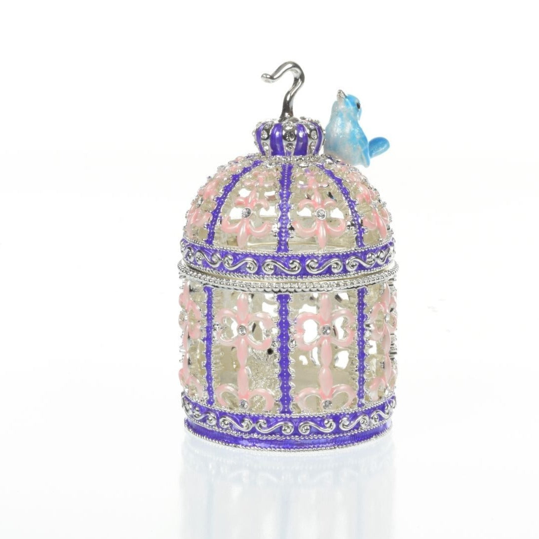 Keren Kopal Light Blue Bird on top top of a purple birdcage Faberge Styled Trinket Box