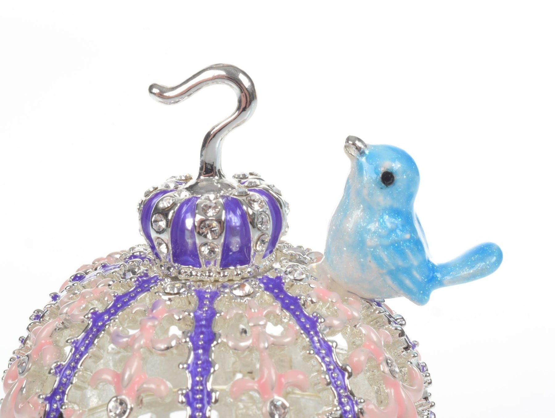 Keren Kopal Light Blue Bird on top top of a purple birdcage Faberge Styled Trinket Box
