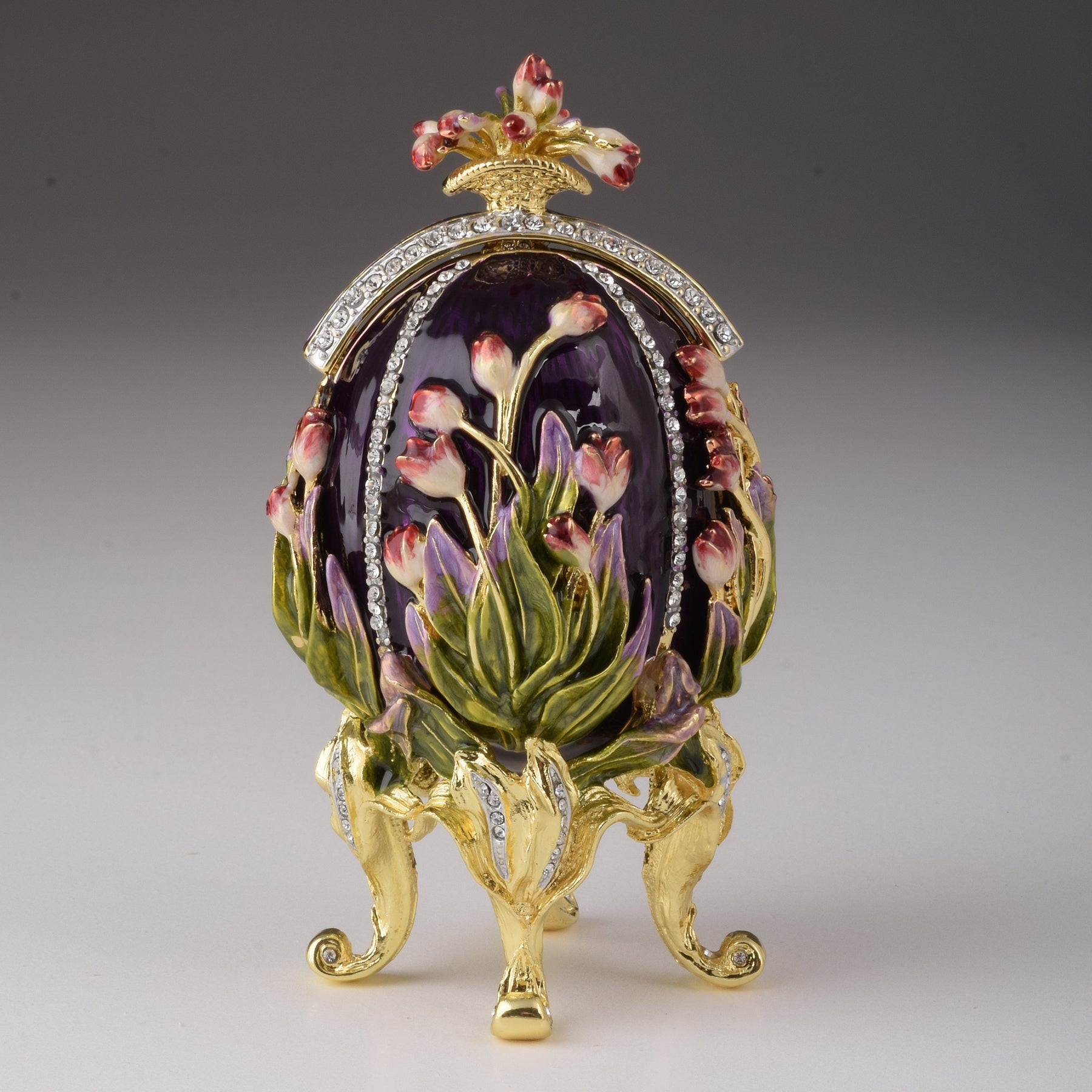 Keren Kopal Purple tulip Egg Trinket Box & Clock Russian Egg