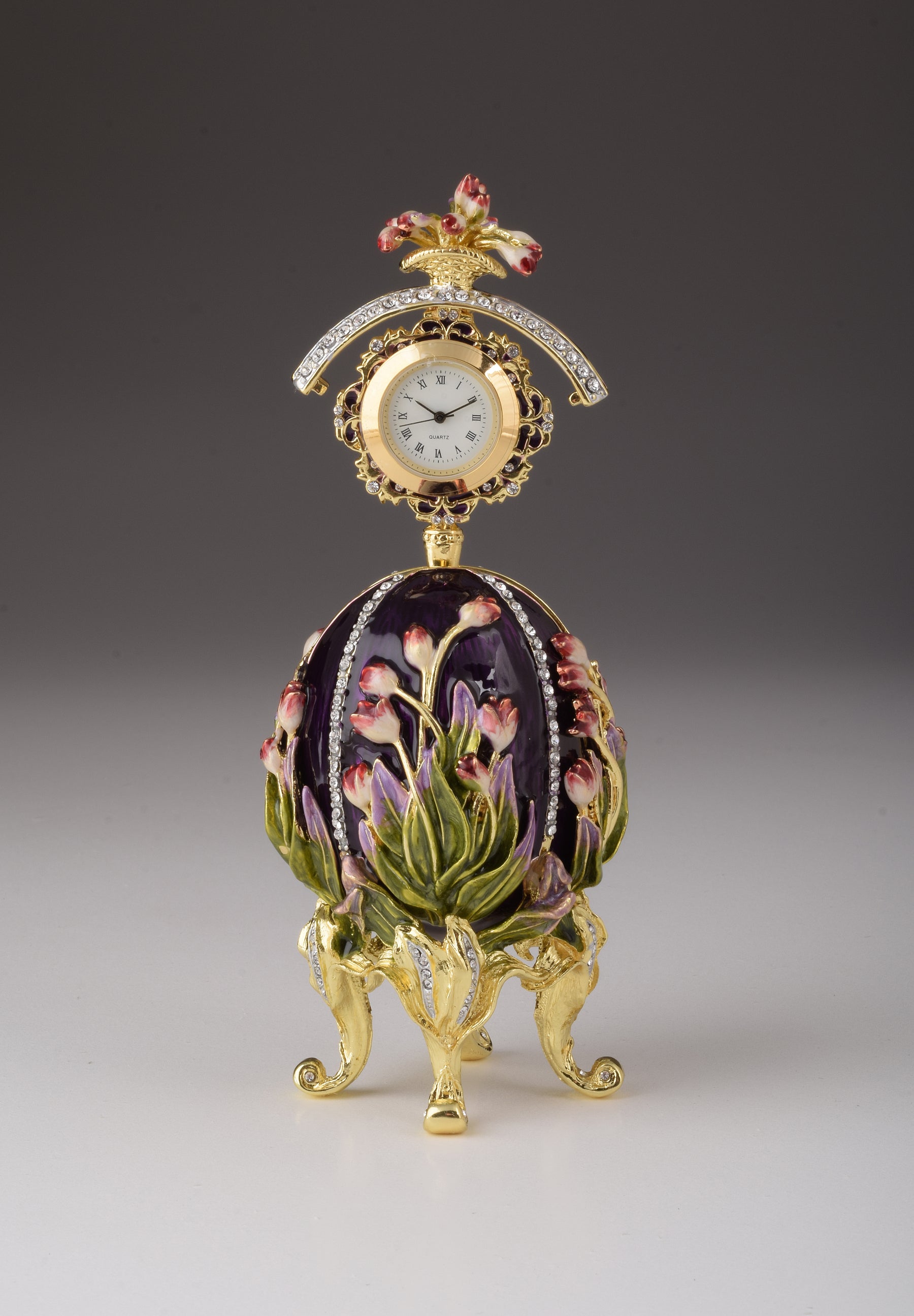 Keren Kopal Purple tulip Egg Trinket Box & Clock Russian Egg