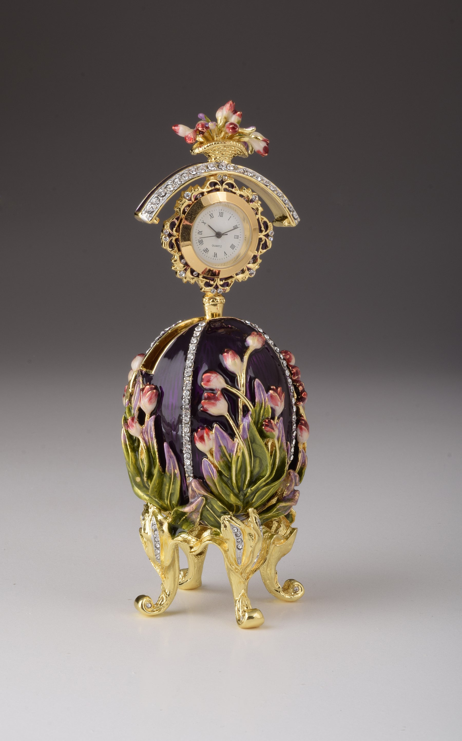 Keren Kopal Purple tulip Egg Trinket Box & Clock Russian Egg
