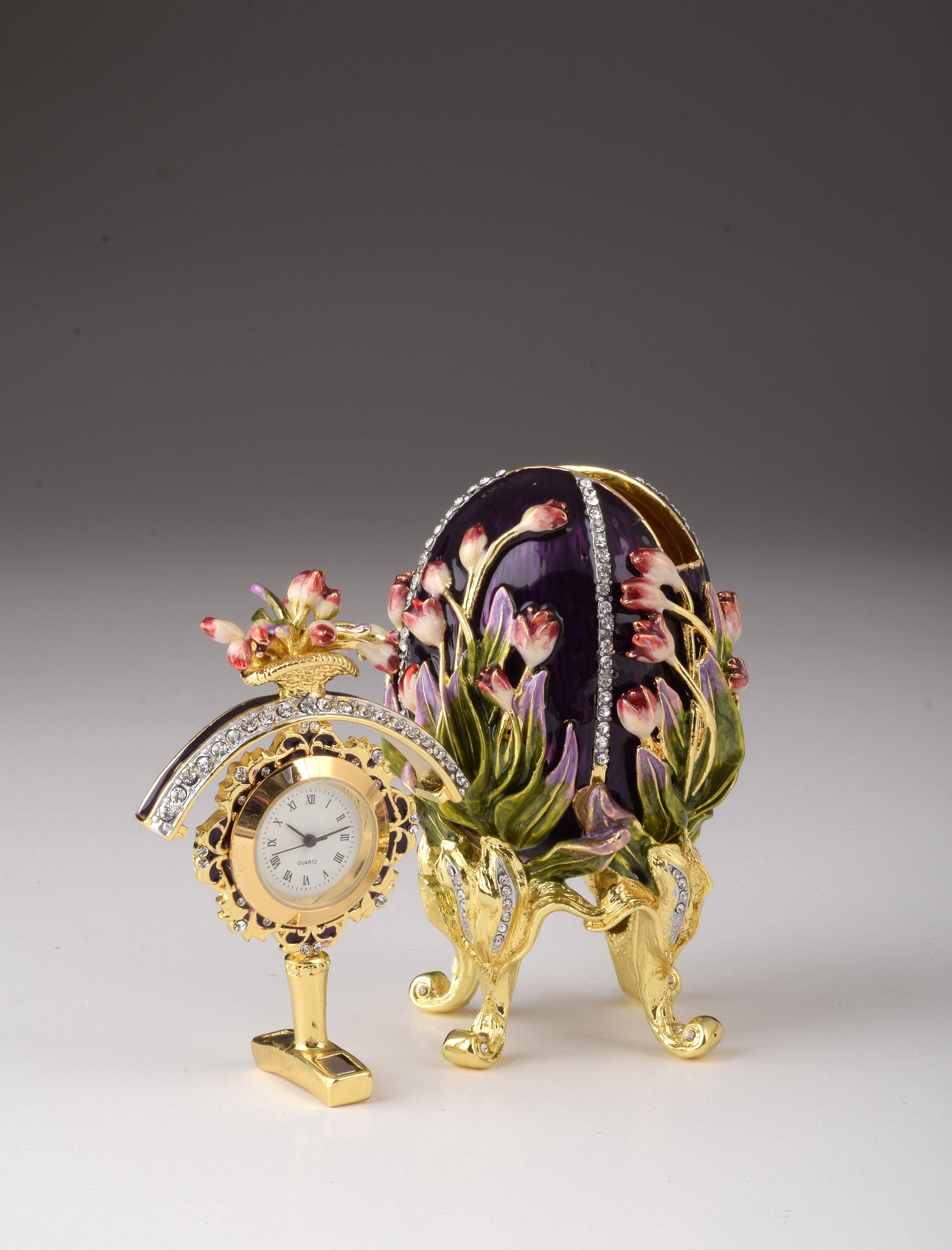 Keren Kopal Purple tulip Egg Trinket Box & Clock Russian Egg