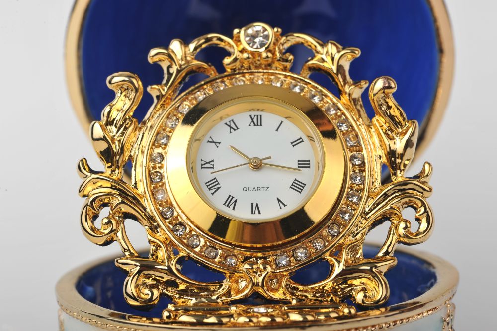 Keren Kopal Blue Faberge Egg with Gold Clock