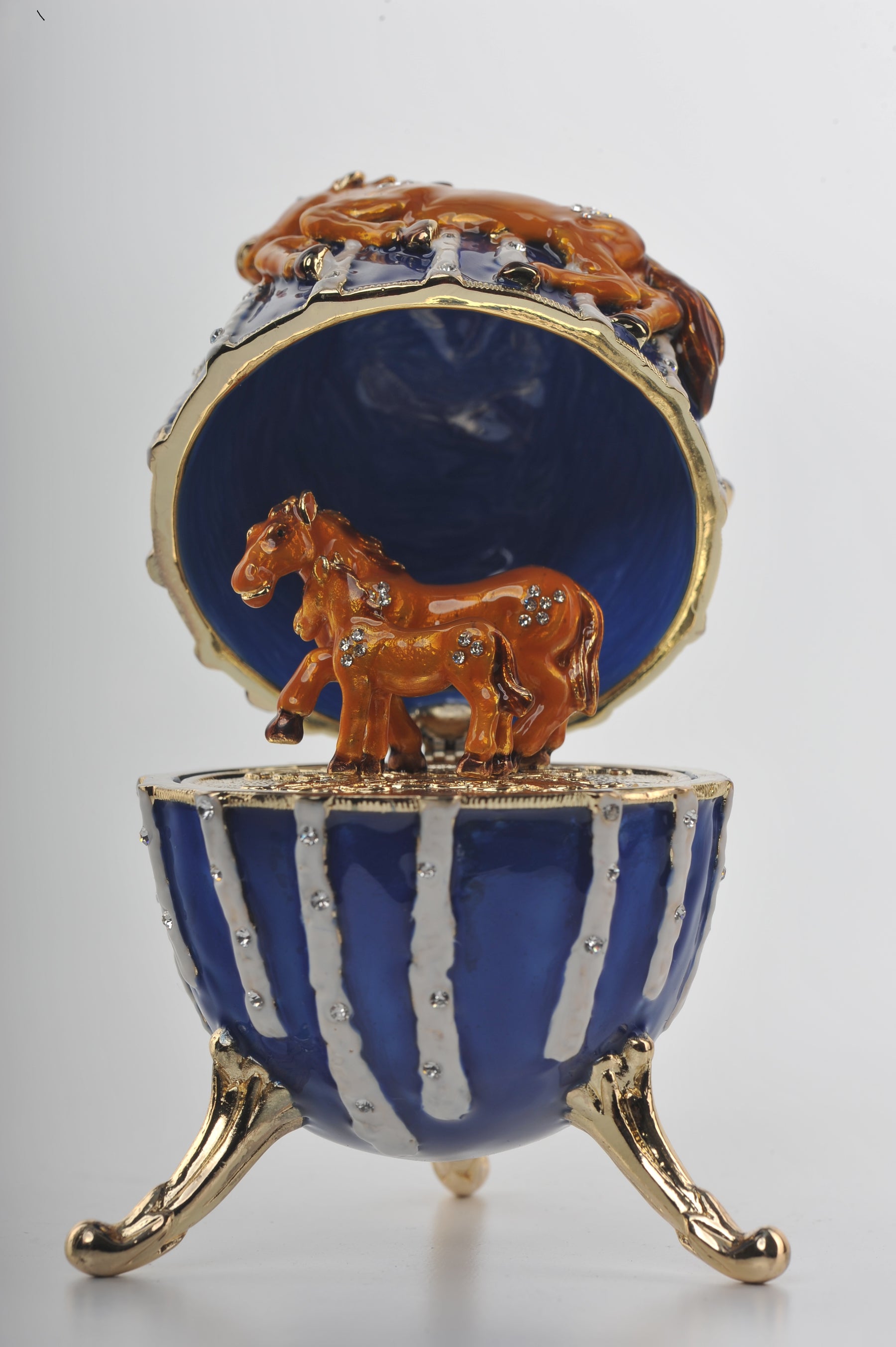 Keren Kopal Blue Faberge Egg Trinket Box with Brown Horses