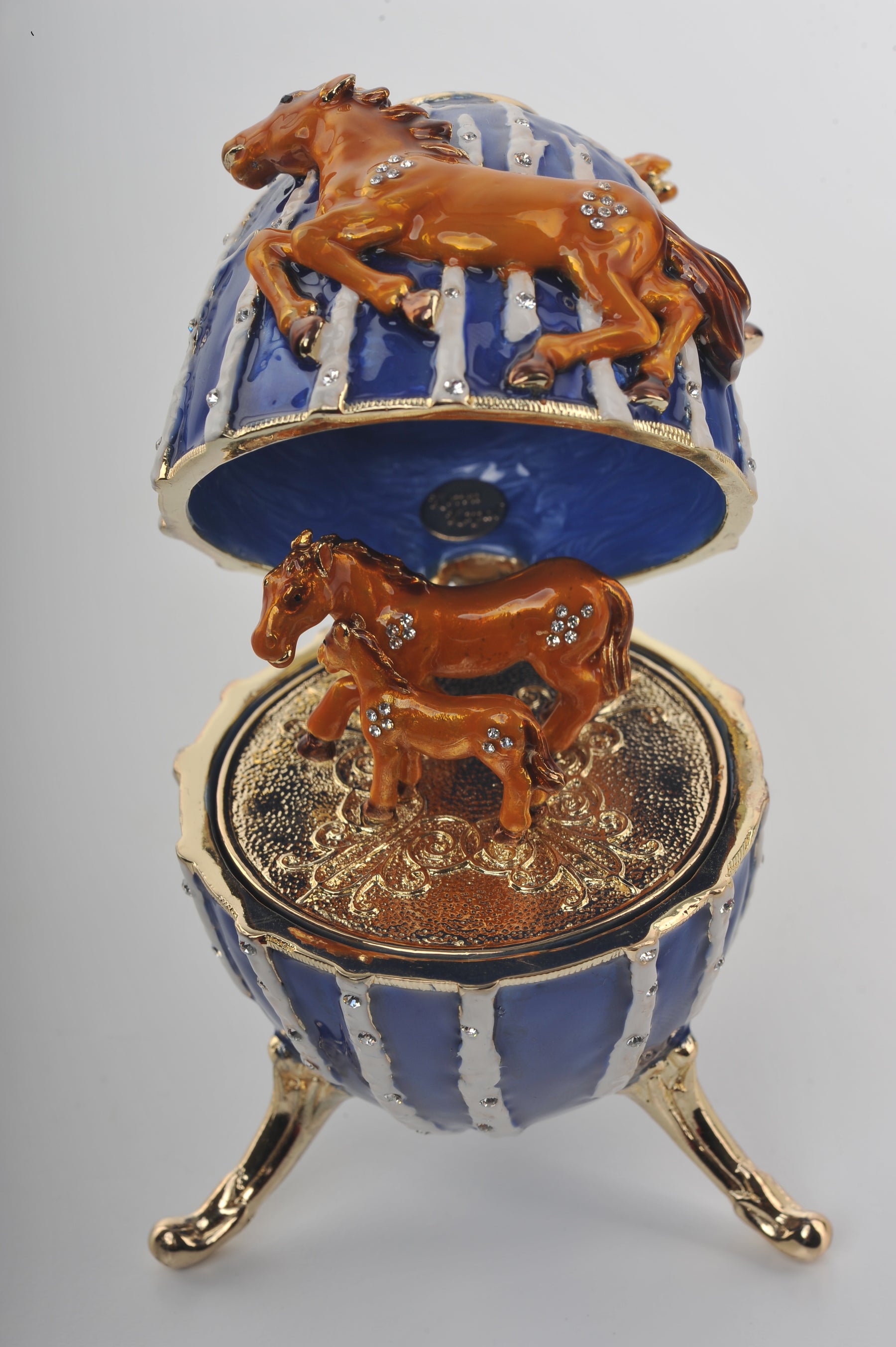 Keren Kopal Blue Faberge Egg Trinket Box with Brown Horses