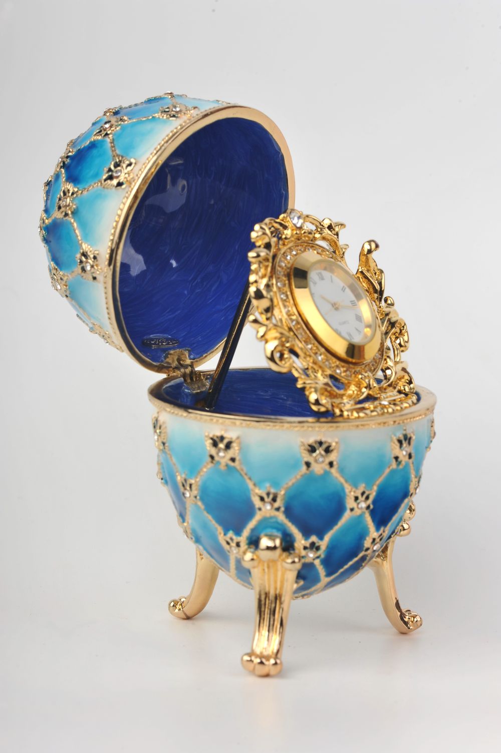 Keren Kopal Blue Faberge Egg with Gold Clock
