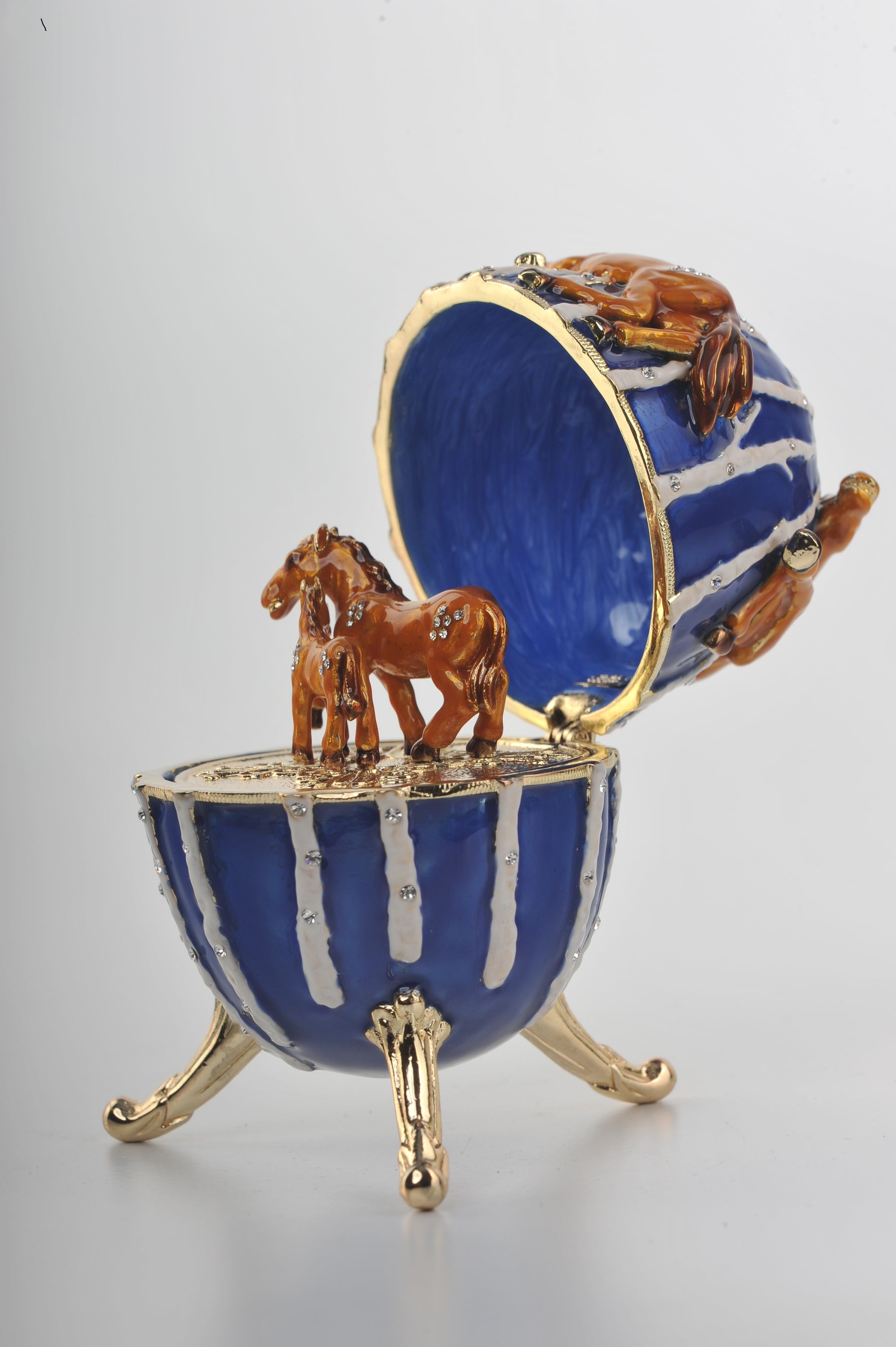 Keren Kopal Blue Faberge Egg Trinket Box with Brown Horses