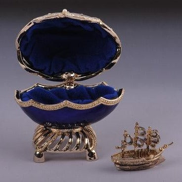 Keren Kopal Blue & Gold Faberge Egg with Sailing Ship Inside