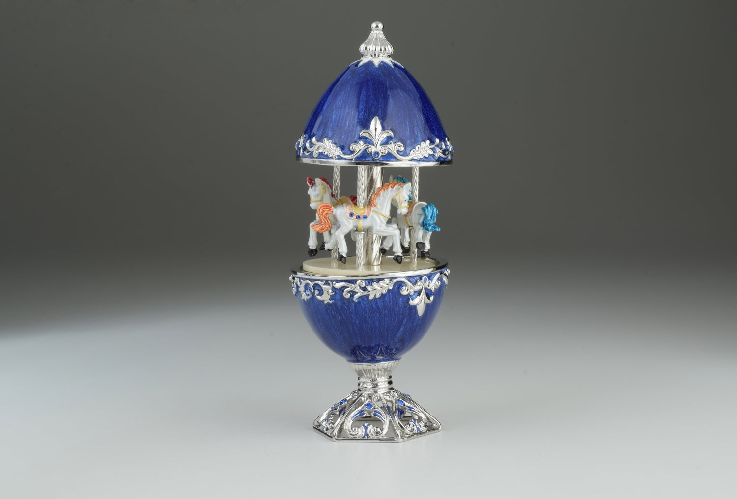 Keren Kopal Blue Faberge Egg Carousel with White Royal Horses