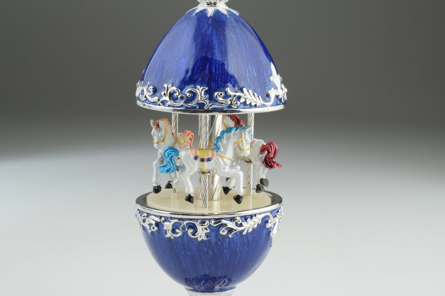 Keren Kopal Blue Faberge Egg Carousel with White Royal Horses