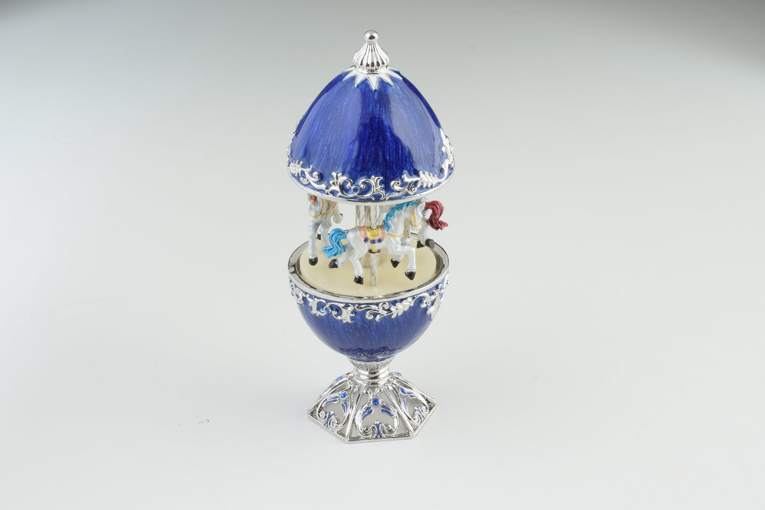 Keren Kopal Blue Faberge Egg Carousel with White Royal Horses