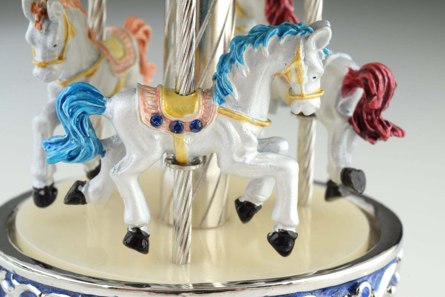 Keren Kopal Blue Faberge Egg Carousel with White Royal Horses